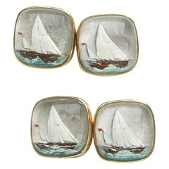 Reverse Crystal and Gold Yacht Cufflinks, Circa 1920