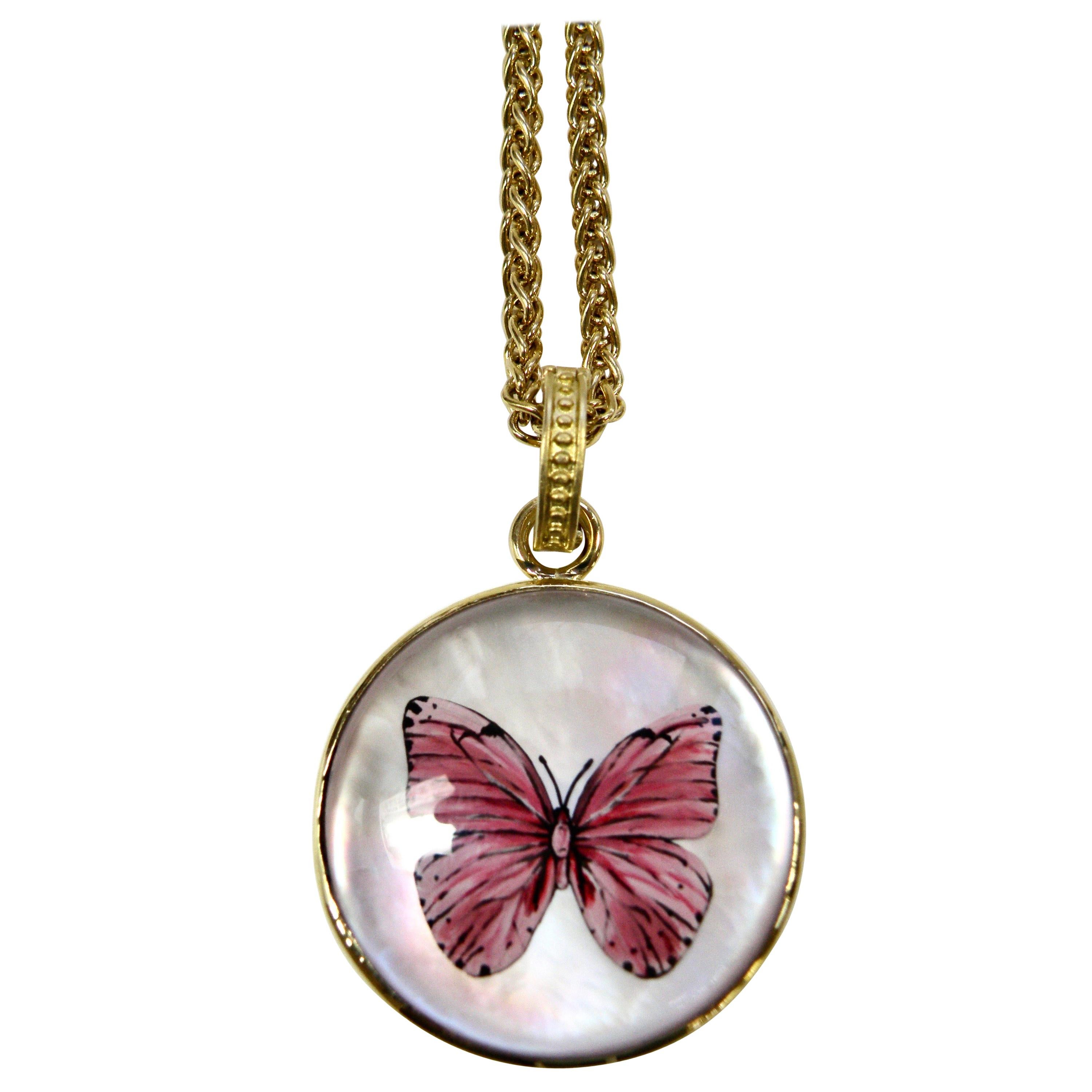 18k Springtime pink handpainted butterfly reverse crystal pendant w sapphire bai