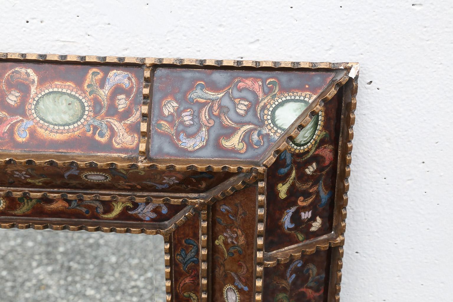 Reverse- églomisé Venetian shadowbox mirror is painted with panels of
Moorish designs.

Colorful and yet subdued mirror is divided by notched wood-carved borders,
separating the mosaic motifs on different levels.





   