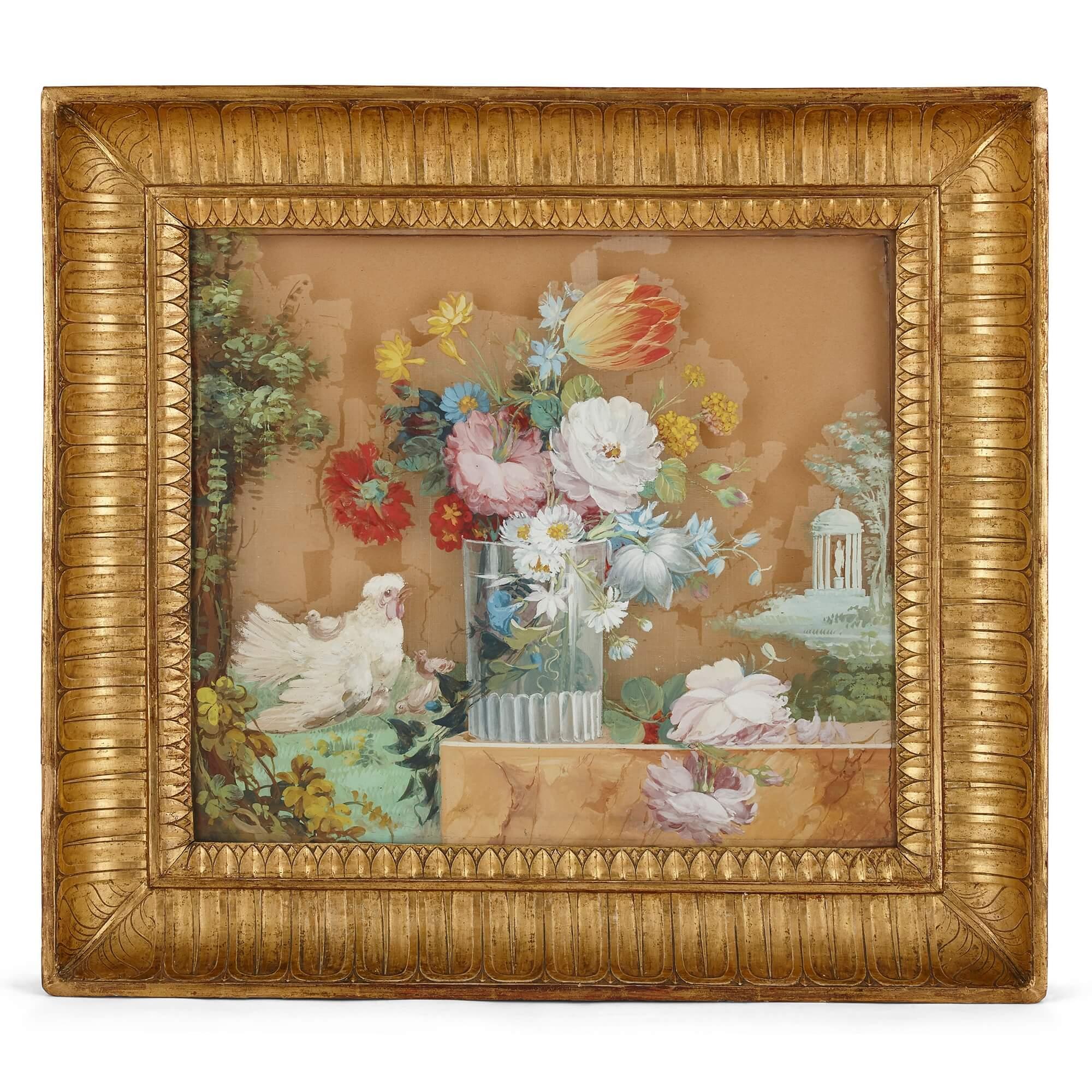 Reverse glass floral paintings in giltwood frames
Continental, 19th Century
Frame: Height 55.5cm, width 58.5cm, depth 7cm
Glass: Height 41cm, width 45.5cm

These antique paintings make excellent use of the beautiful reverse glass technique, whereby