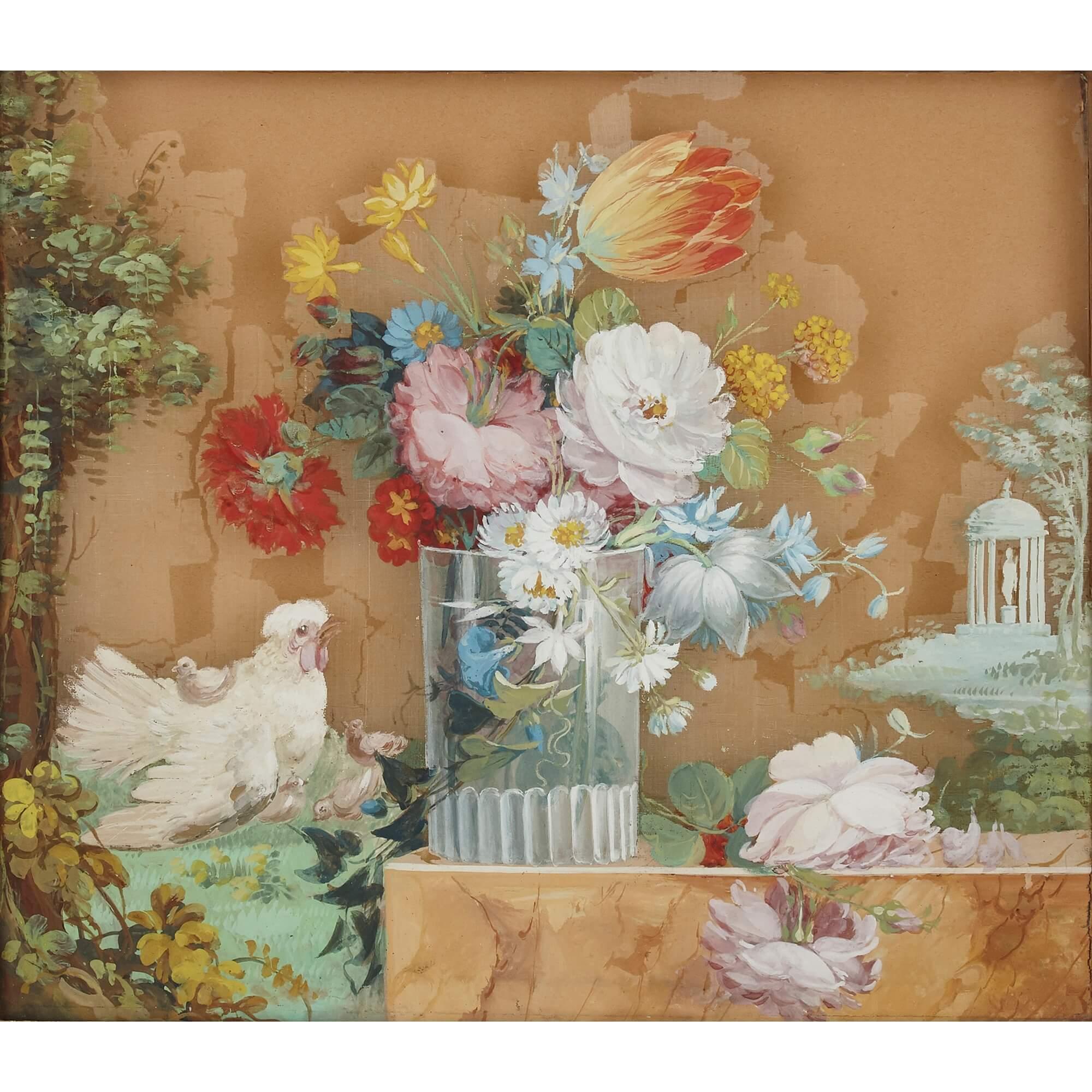 European Reverse glass floral paintings in giltwood frames For Sale