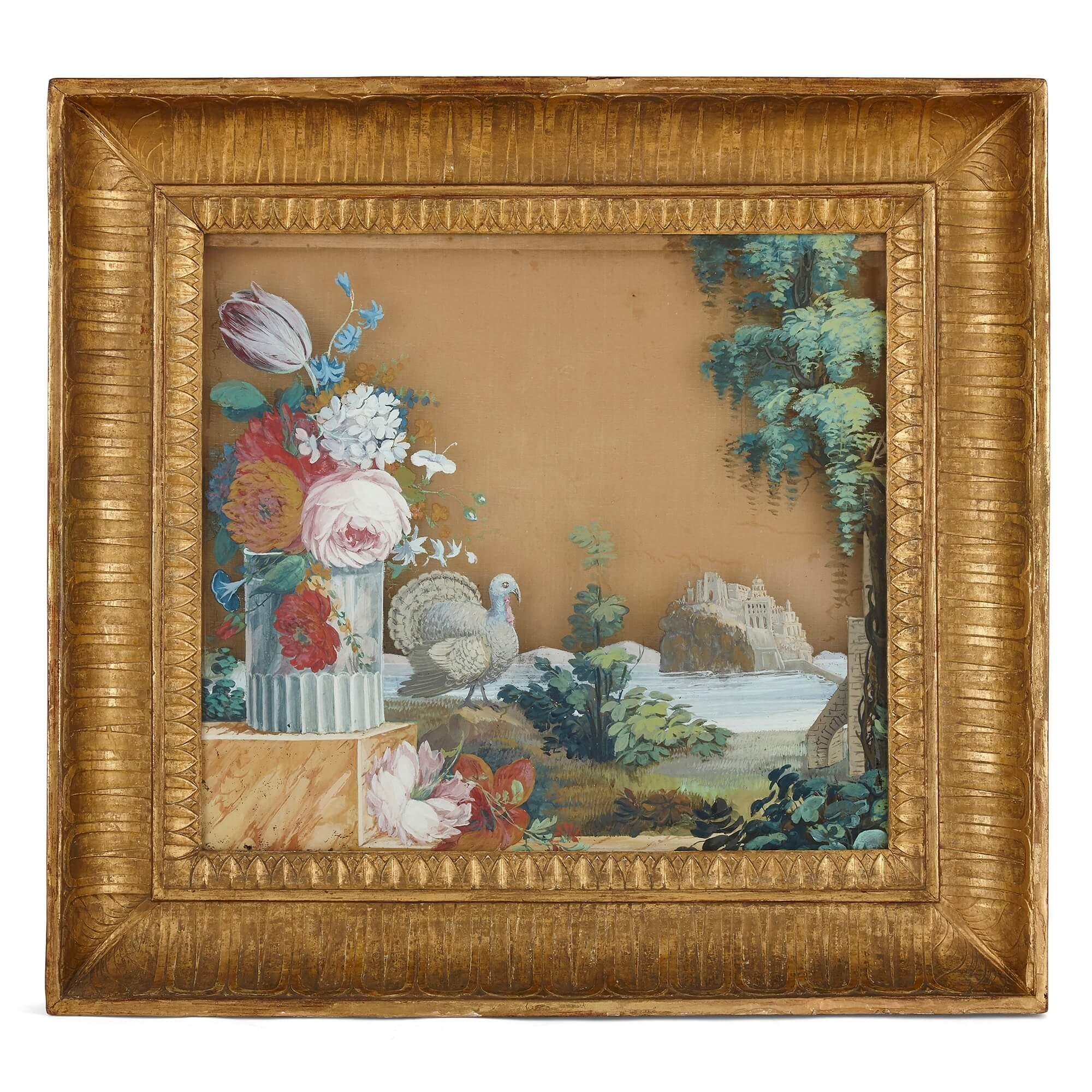 Reverse glass floral paintings in giltwood frames In Good Condition For Sale In London, GB