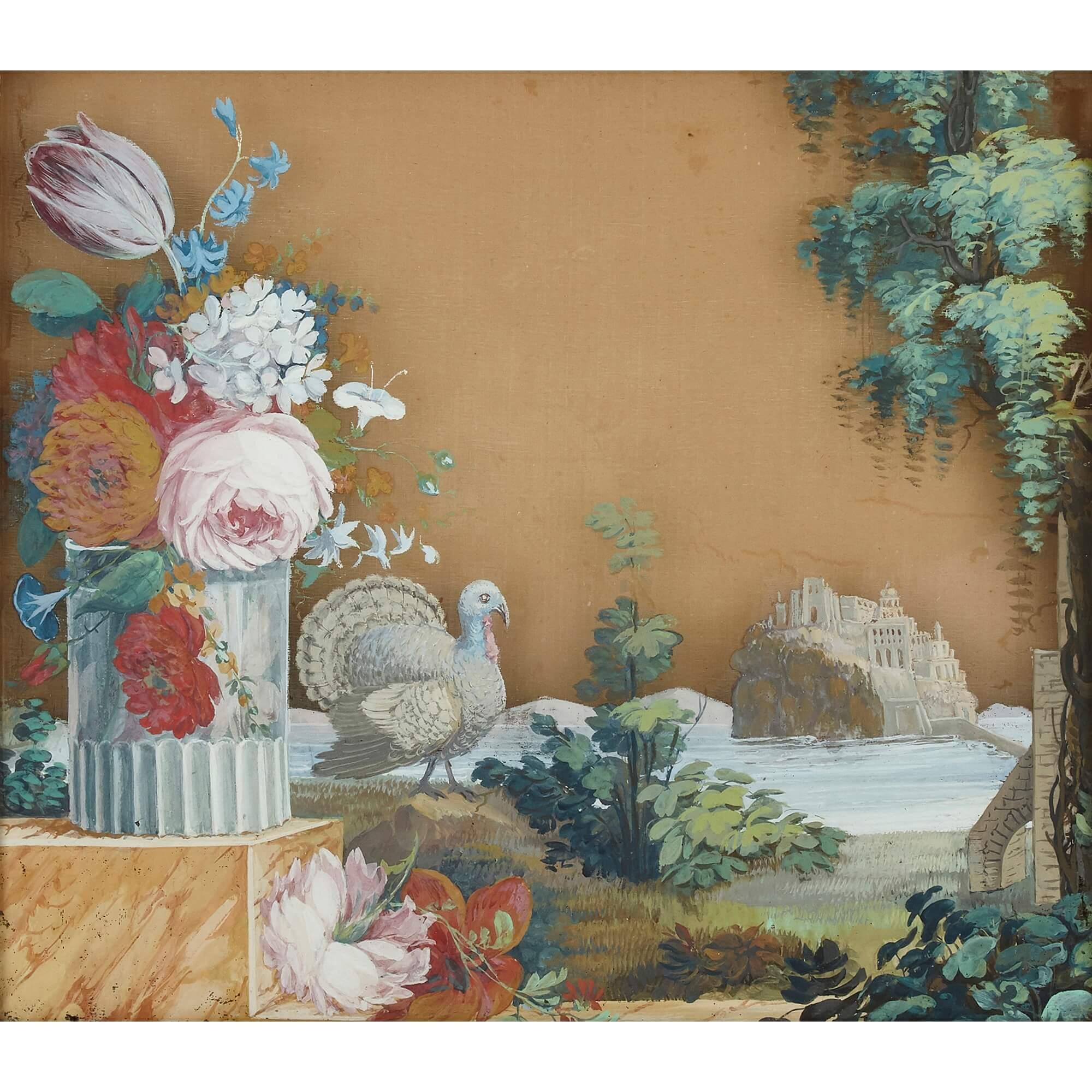 XIXe siècle Peintures florales en verre inversé dans des cadres en bois doré en vente