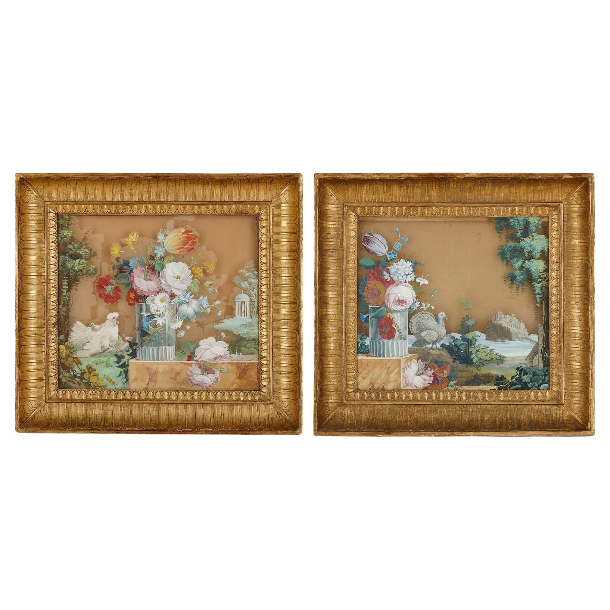 Reverse glass floral paintings in giltwood frames For Sale
