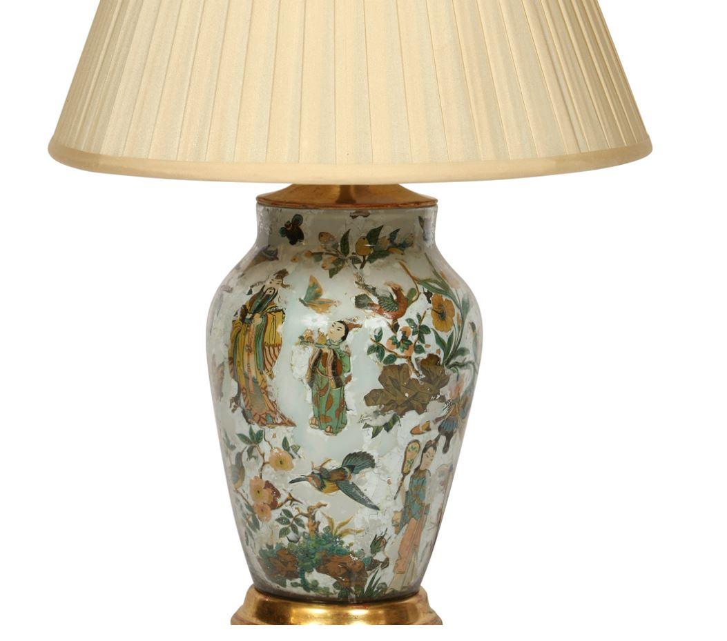 Chinoiseries Lampe vintage peinte à l'envers en verre avec base dorée et abat-jour en soie