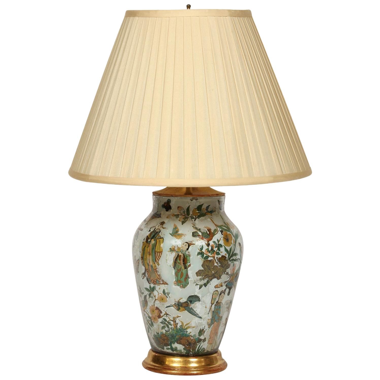Reverse Glass Painted Vintage Lamp with Gilt Base and Silk Shade