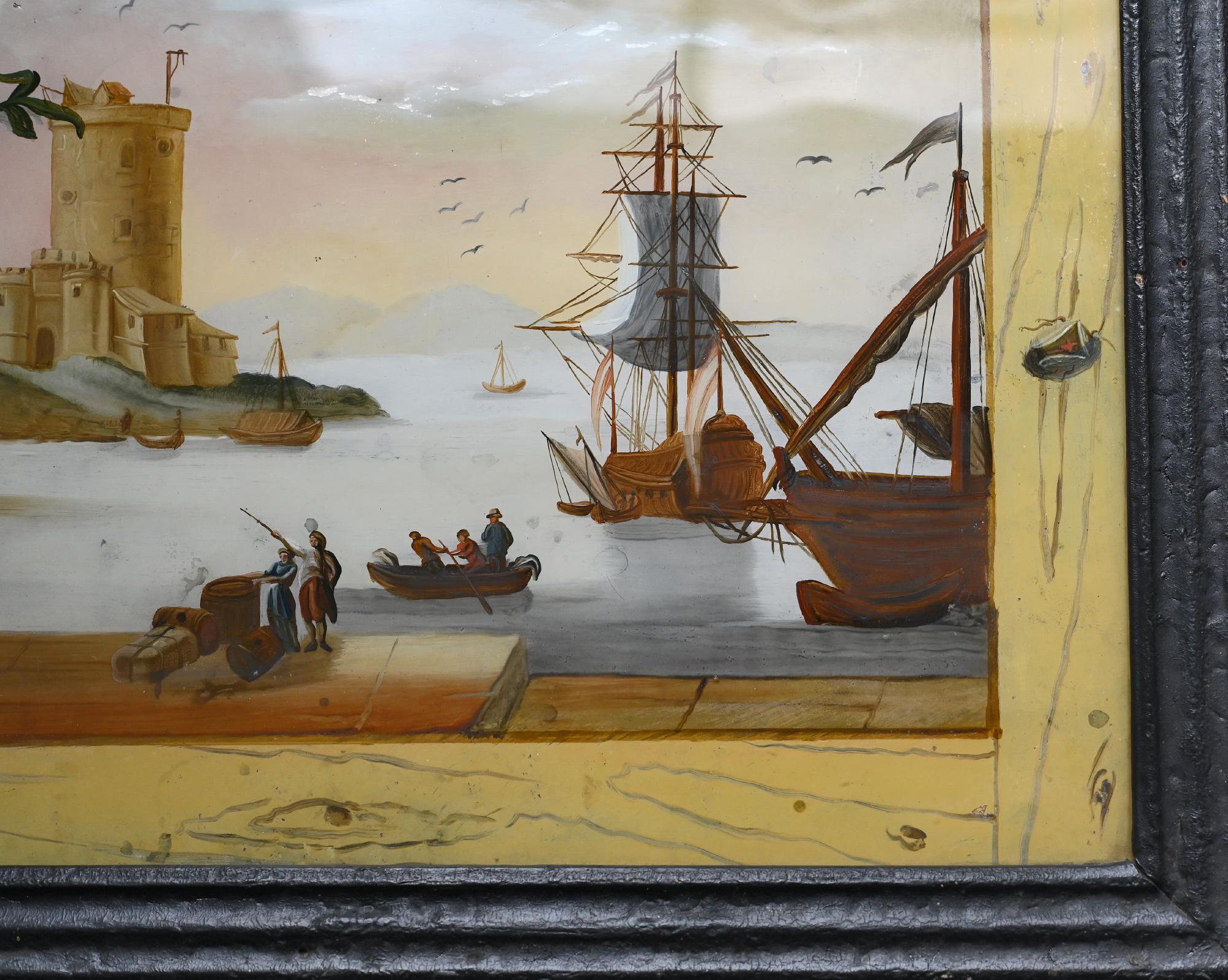 Baroque Reverse Glass Painting Augsburg 18.Century Harbor Scene Trompe L`Oeil Ships