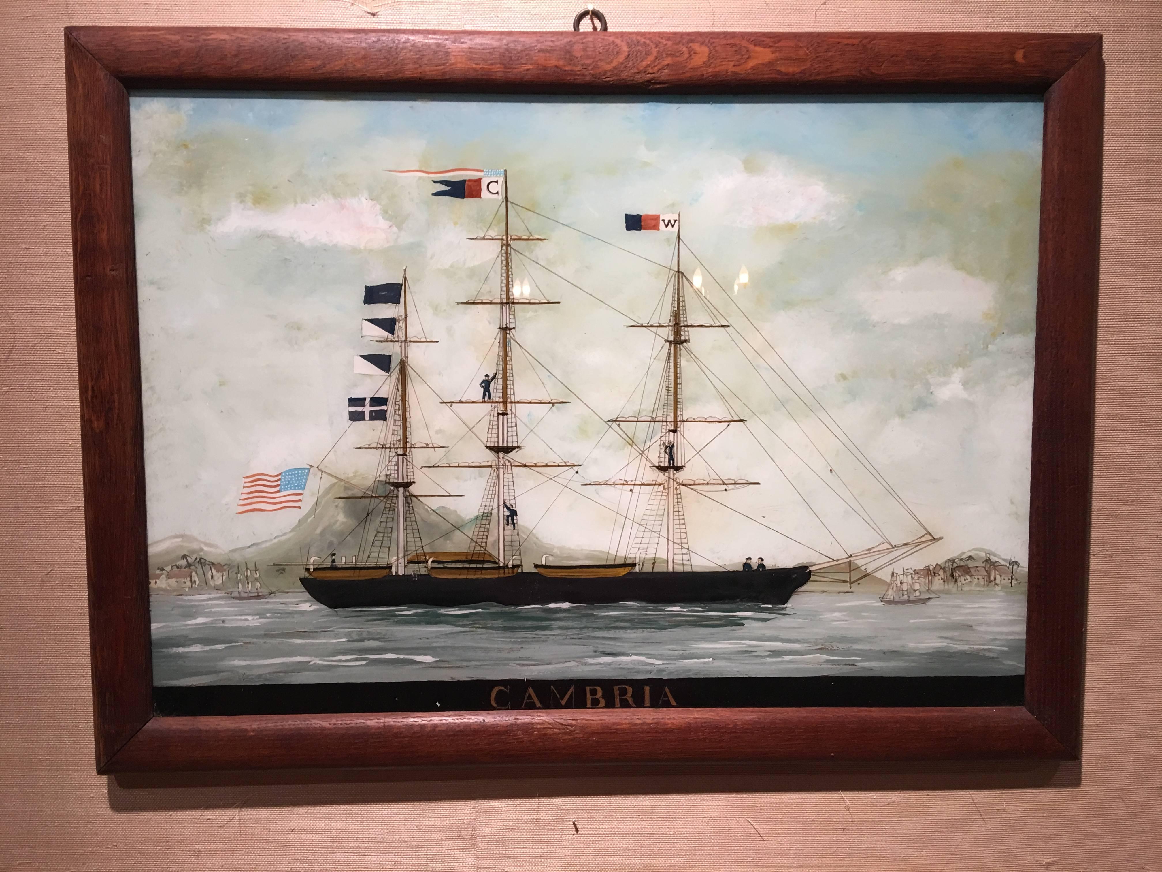 Reverse glass painting of a ship 