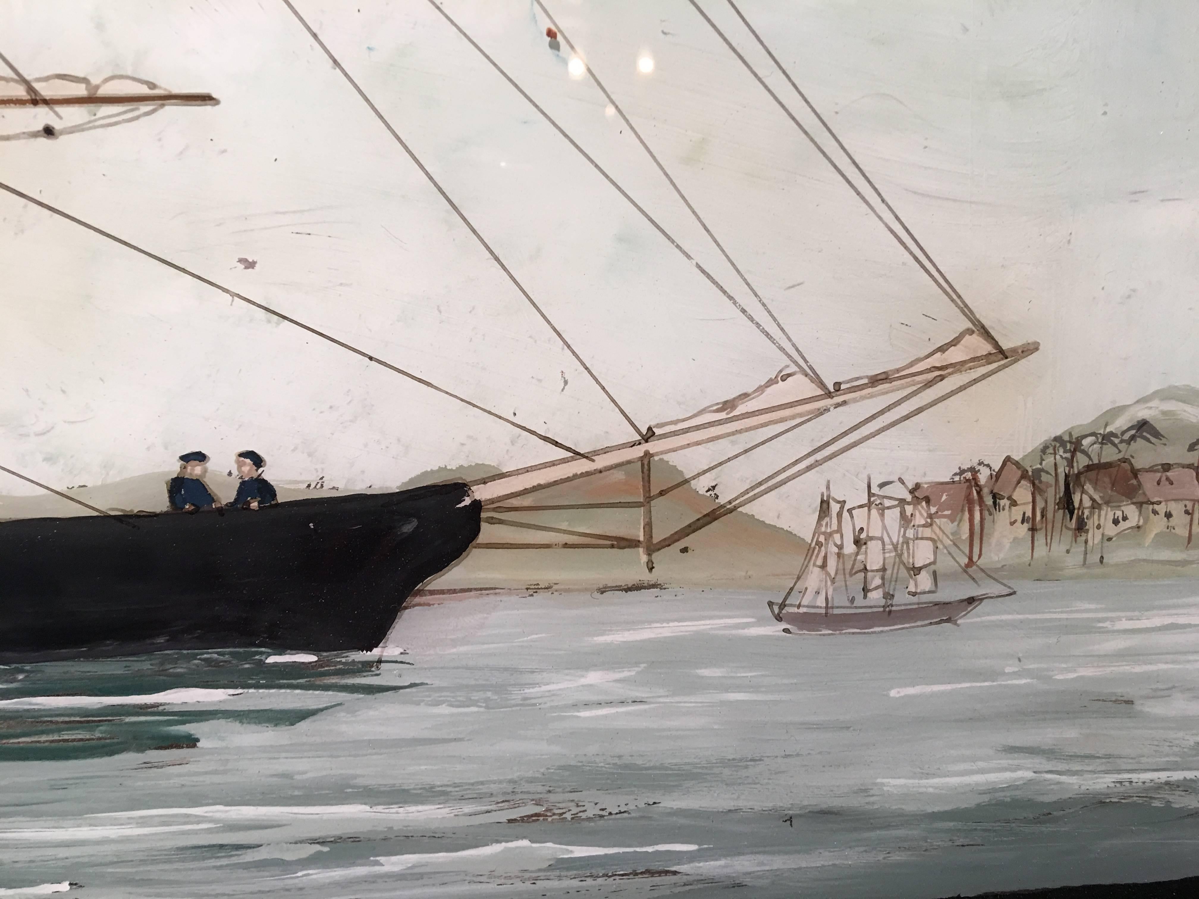Reverse Glass Painting of a Ship 