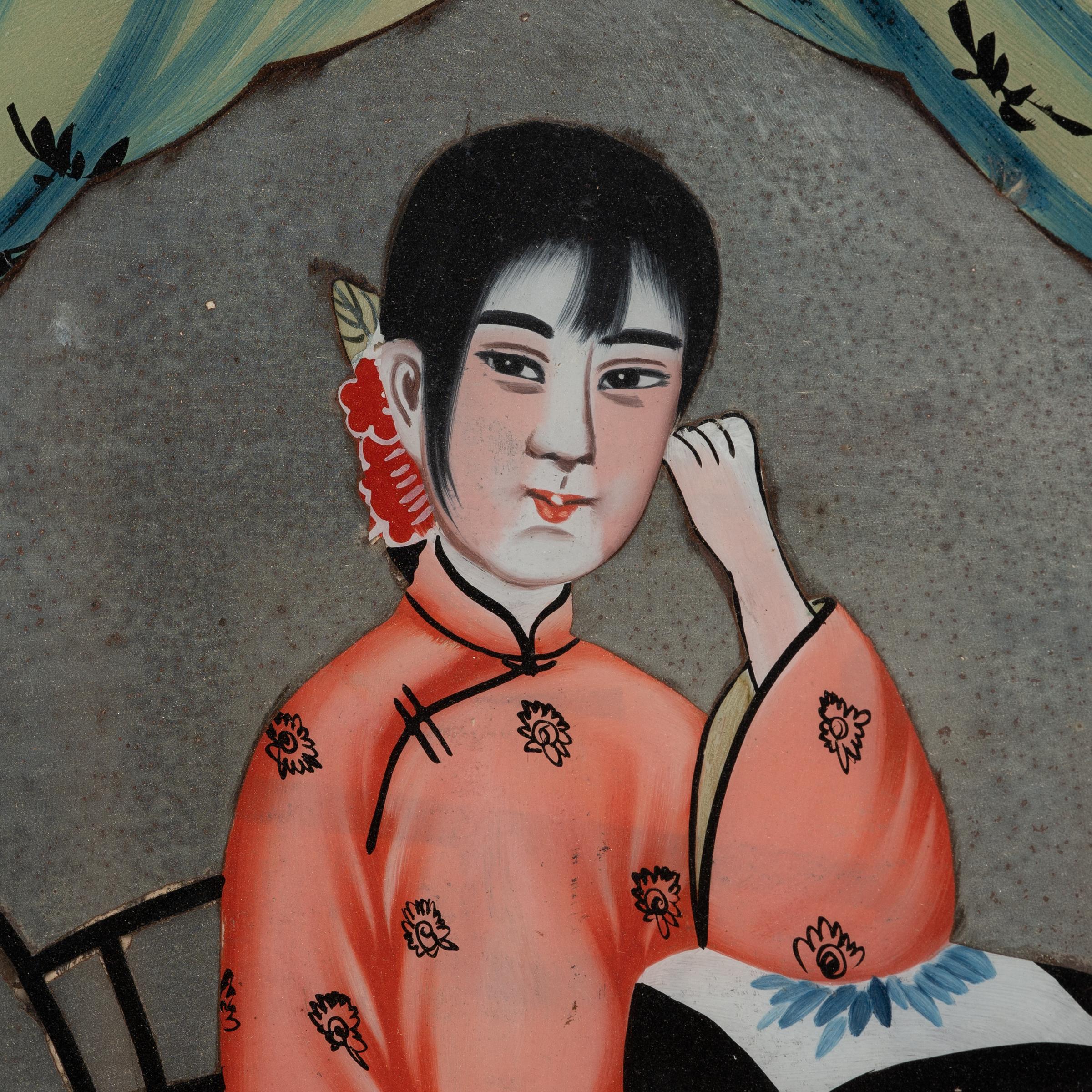 Qing Chinese Reverse Glass Painting of a Young Woman, c. 1900 For Sale