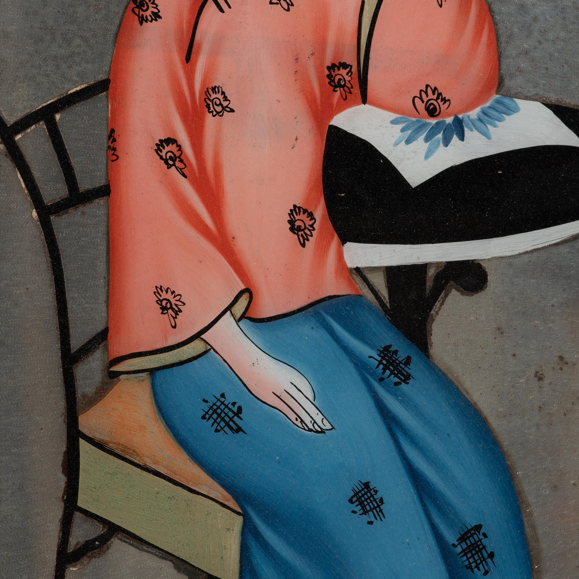 Qing Chinese Reverse Glass Painting of a Young Woman, c. 1900 For Sale