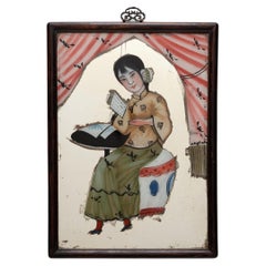 Antique Chinese Reverse Glass Painting of a Young Woman, c. 1900