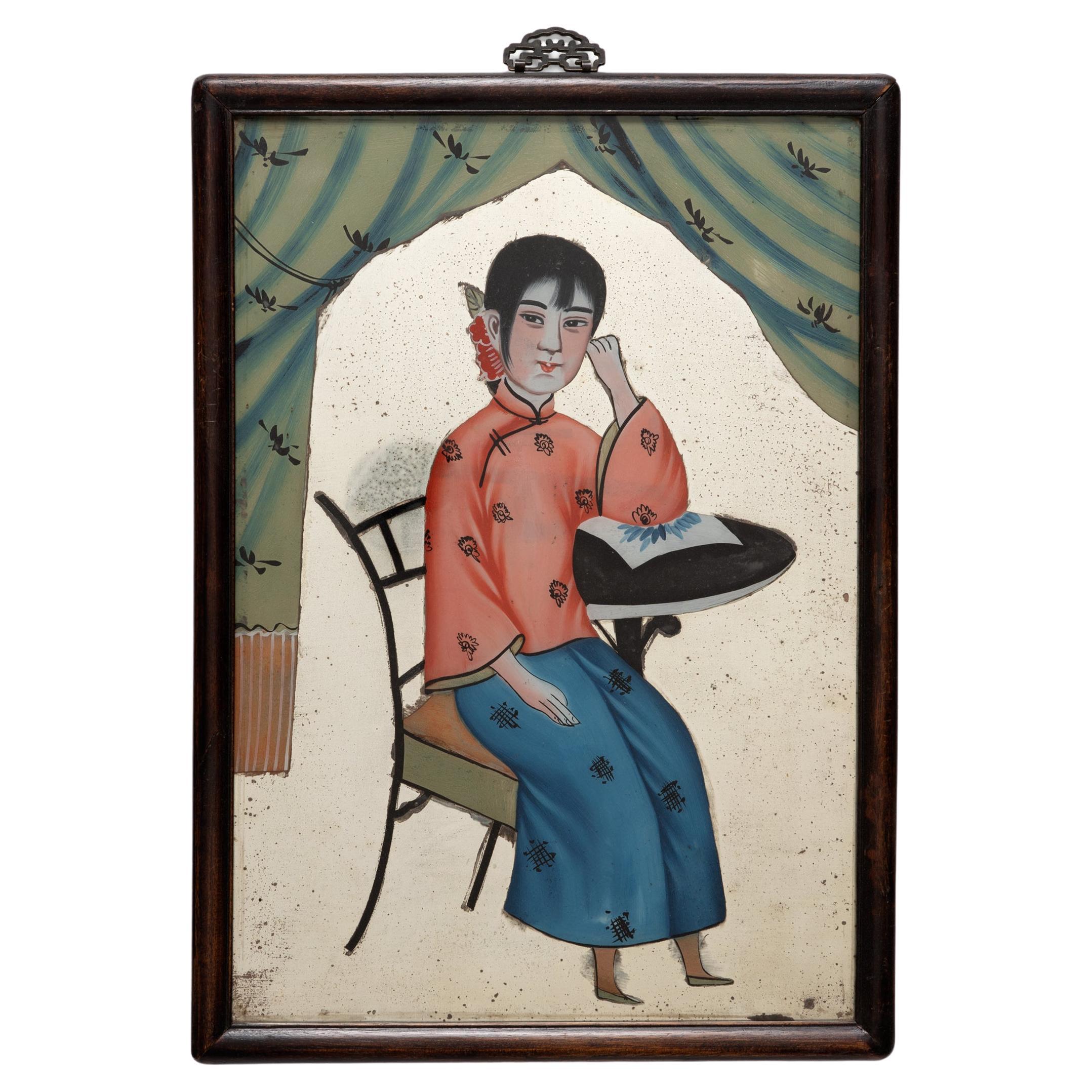 Chinese Reverse Glass Painting of a Young Woman, c. 1900 For Sale