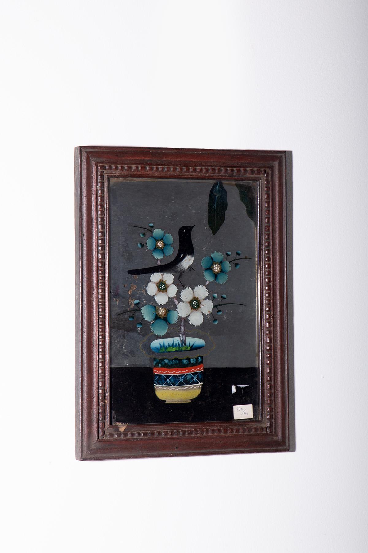Chinoiseries Peinture sur verre inversé avec oiseau en vente