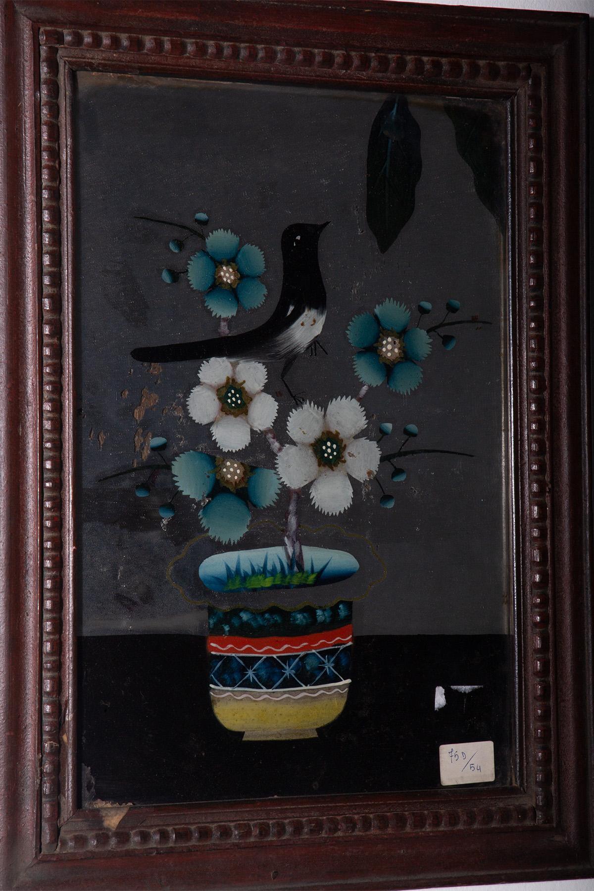 Chinese Peinture sur verre inversé avec oiseau en vente