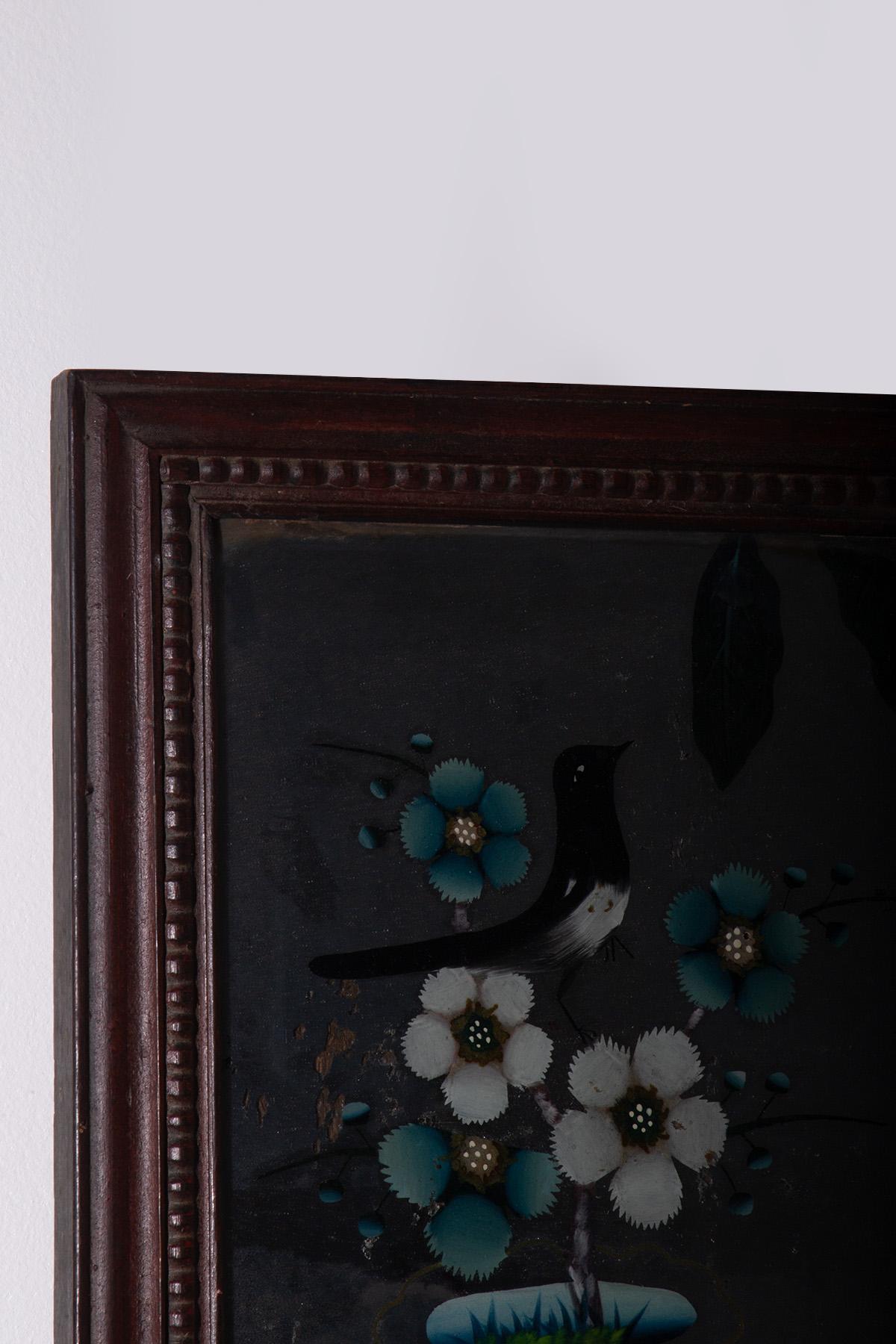 Peinture sur verre inversé avec oiseau Bon état - En vente à Milano, IT