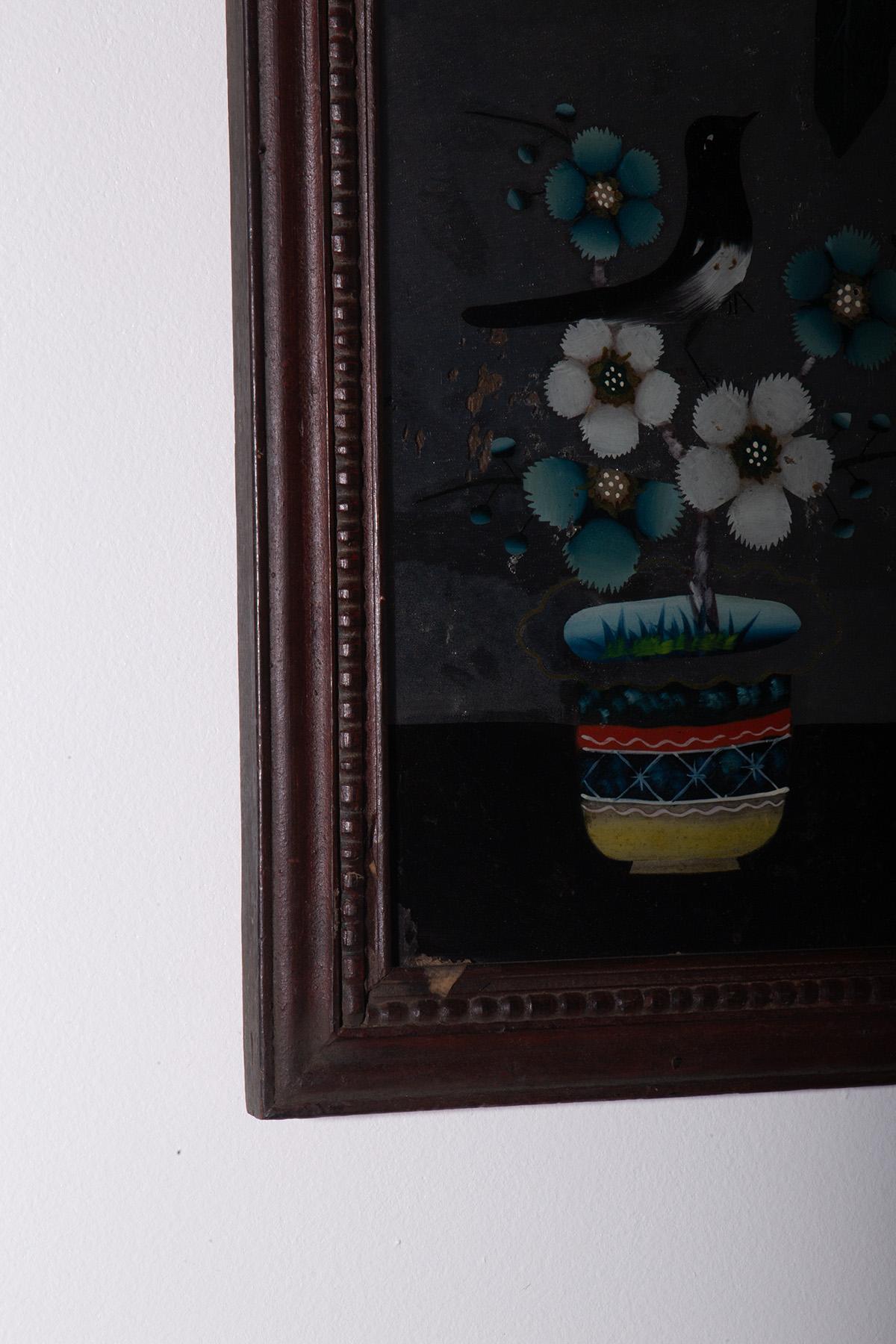 Early 19th Century Peinture sur verre inversé avec oiseau en vente