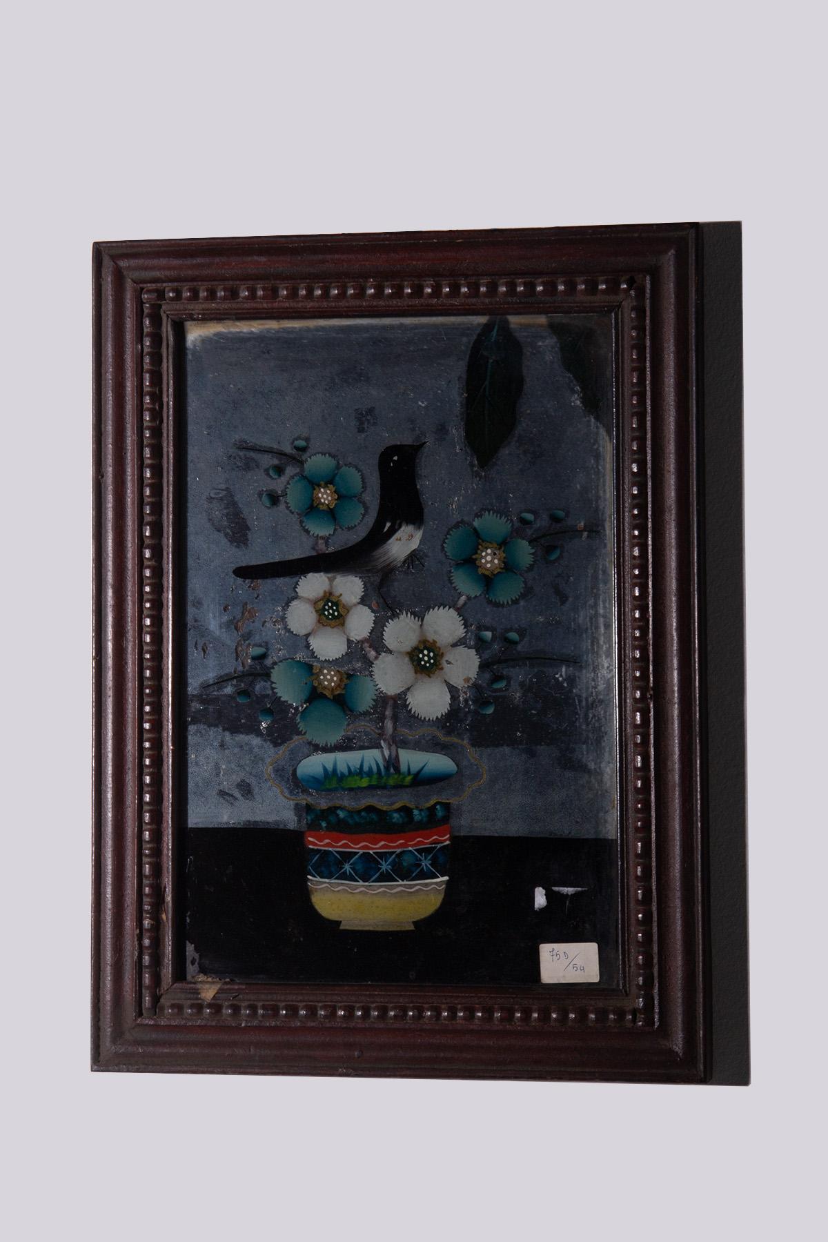 Verre Peinture sur verre inversé avec oiseau en vente