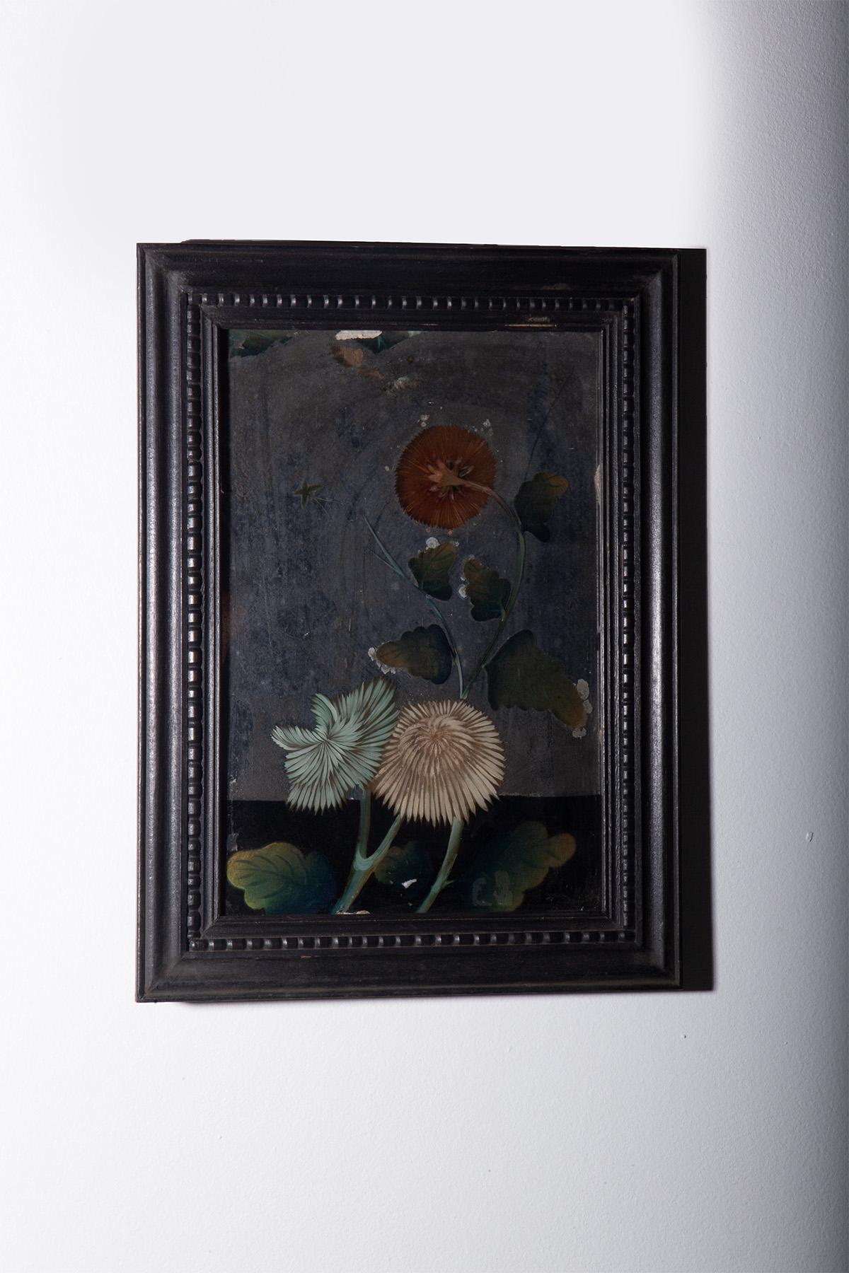 Chinoiseries Peinture sur verre inversé avec chrysanthèmes en vente
