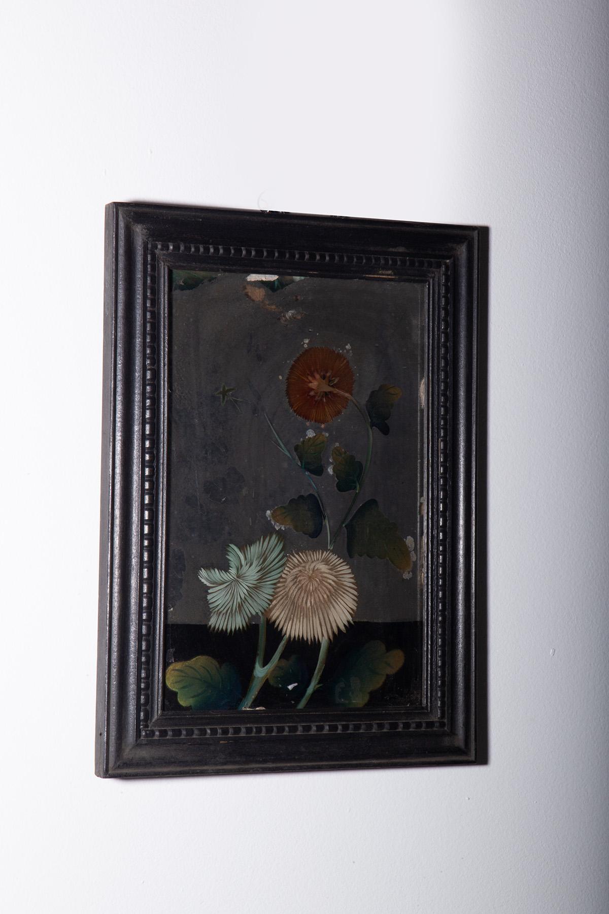 Chinese Peinture sur verre inversé avec chrysanthèmes en vente