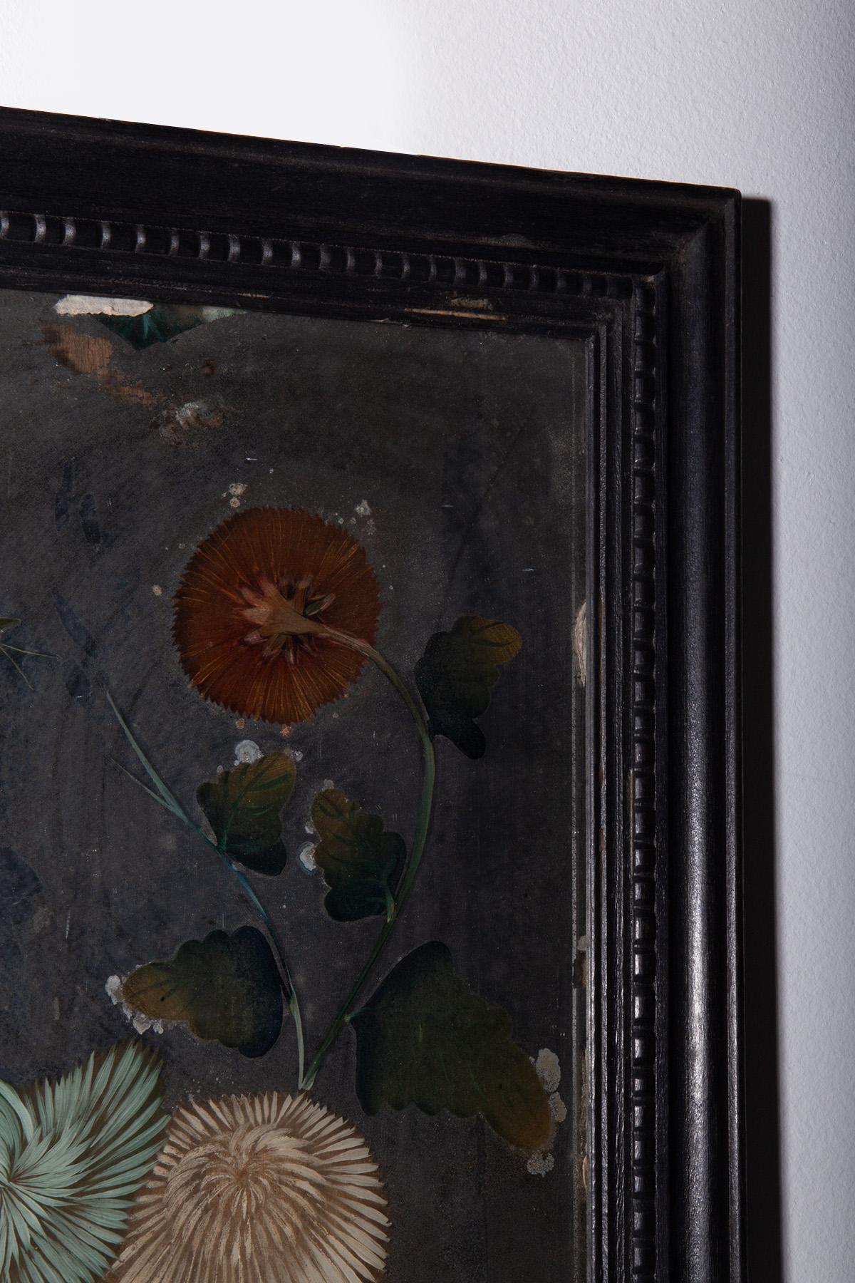 Verre Peinture sur verre inversé avec chrysanthèmes en vente