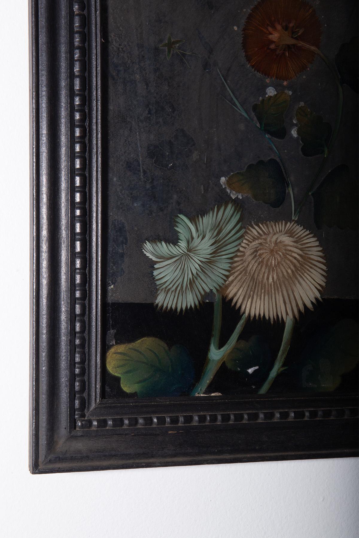 Peinture sur verre inversé avec chrysanthèmes en vente 1