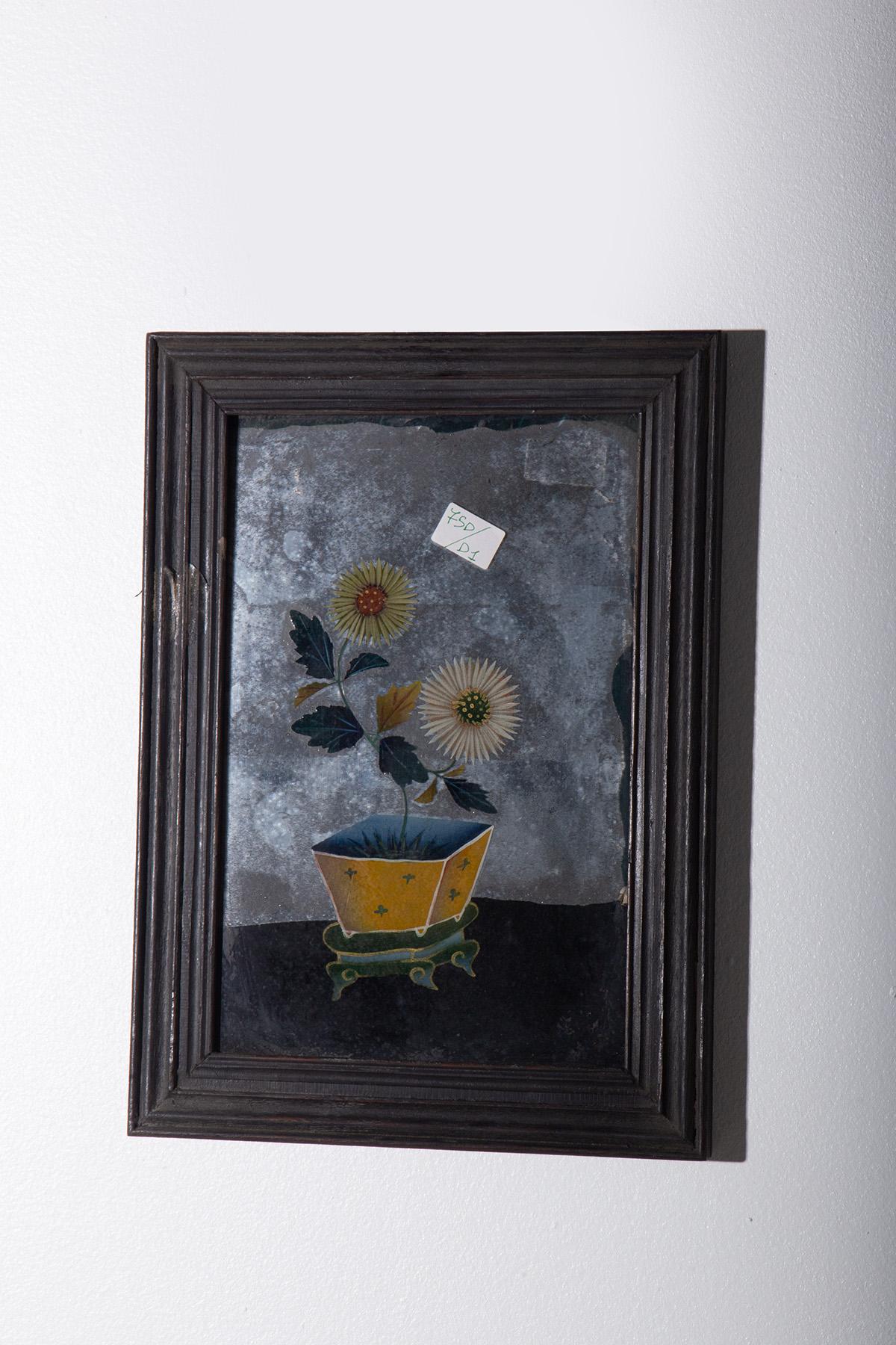 Chinese Peinture sur verre inversé avec chrysanthèmes jaunes en vente