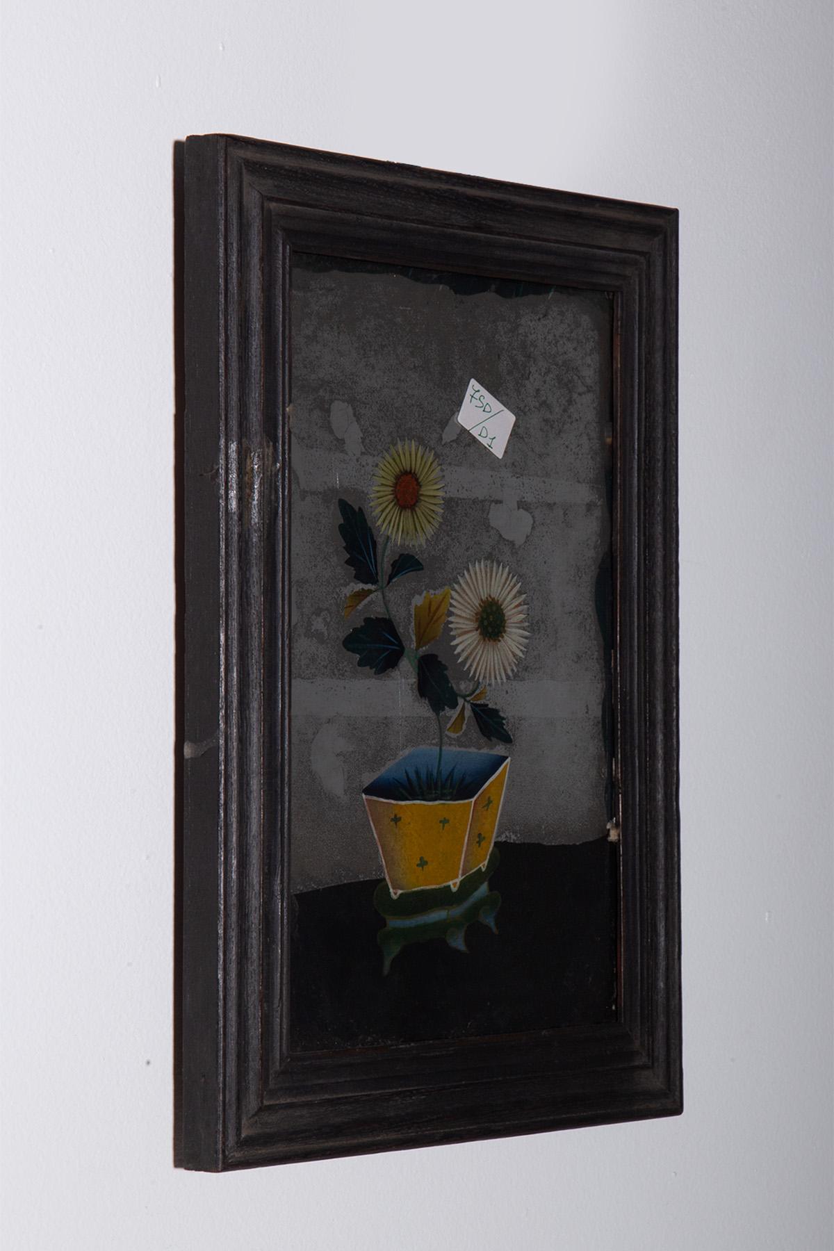 Verre Peinture sur verre inversé avec chrysanthèmes jaunes en vente