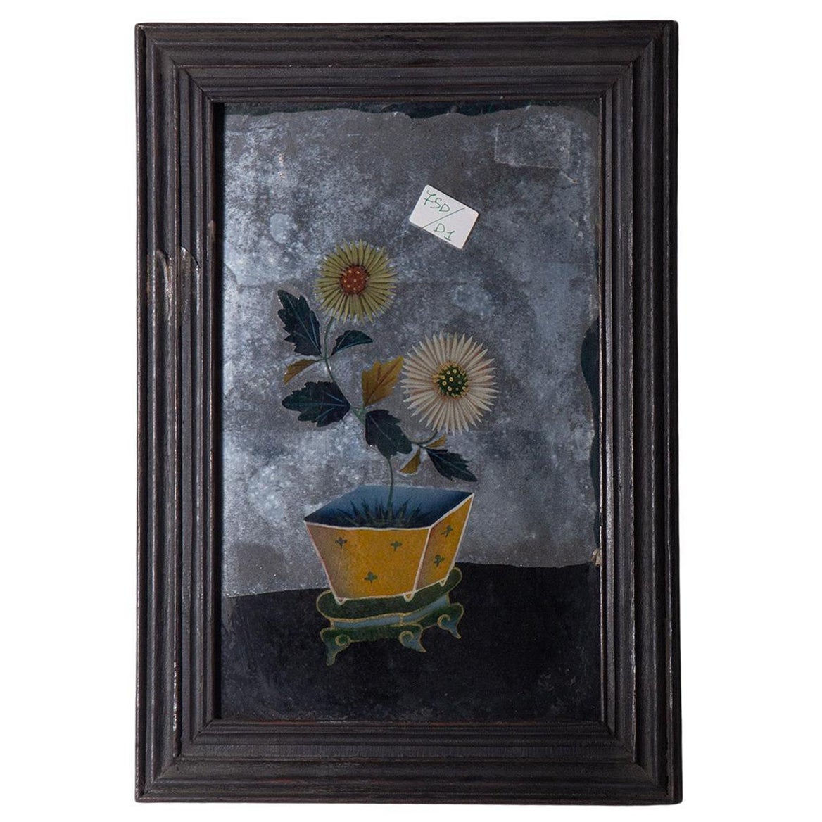 Reverse Glass Painting with yellow chrysanthemums