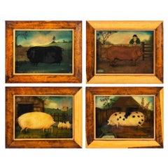 Reverse Glass Paintings of Prized Pigs, Set of Four