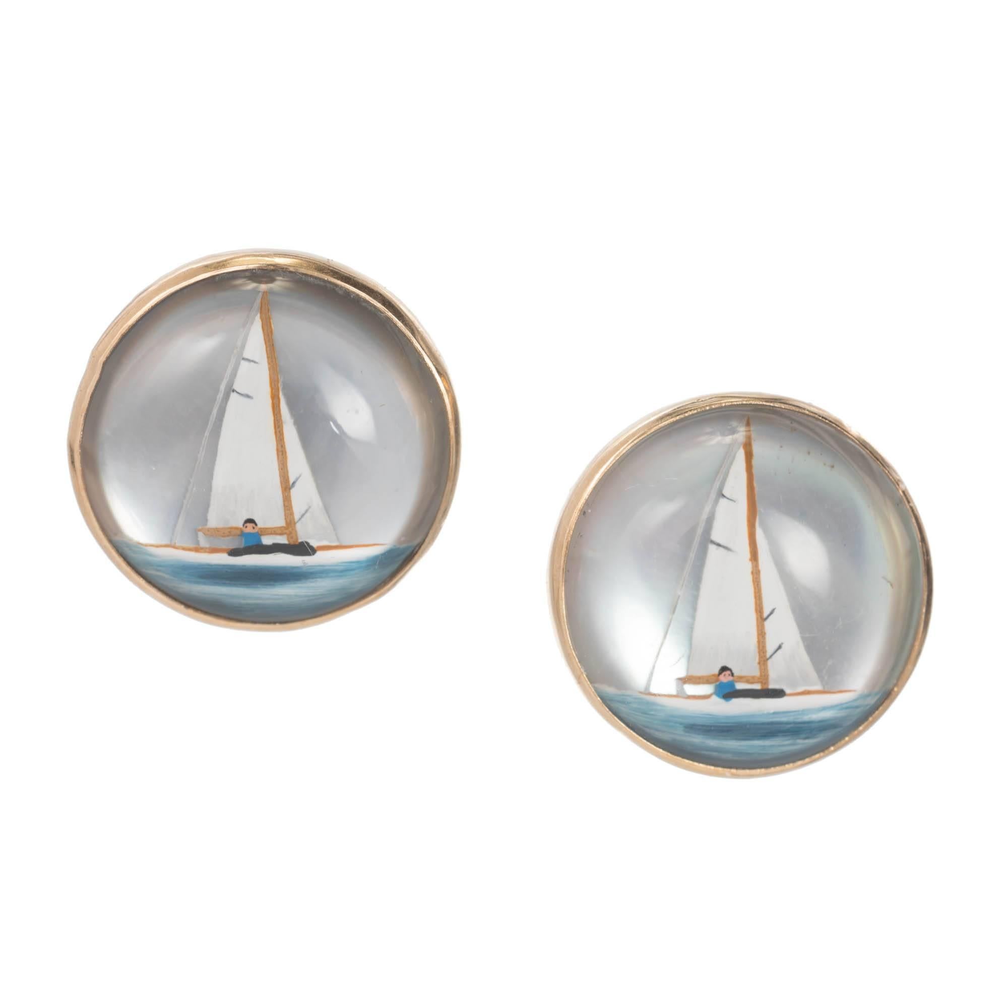 Reverse Hand-Painted Carved Quartz Gold Sailboat Pierced Stud Earrings