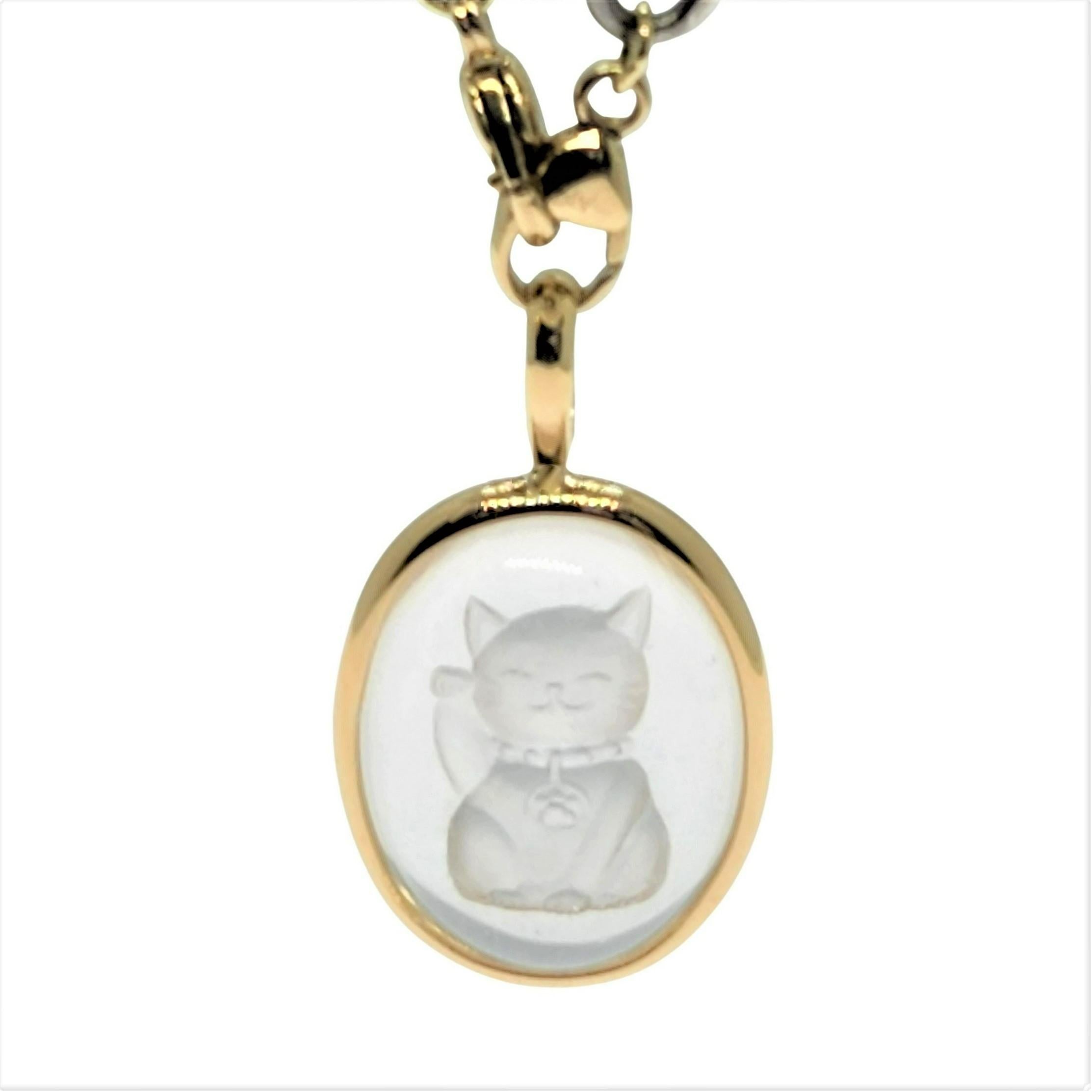 Artisan Reverse Intaglio Hope Cat Hand Carved Oval Quartz with 18K Bezel Necklace For Sale