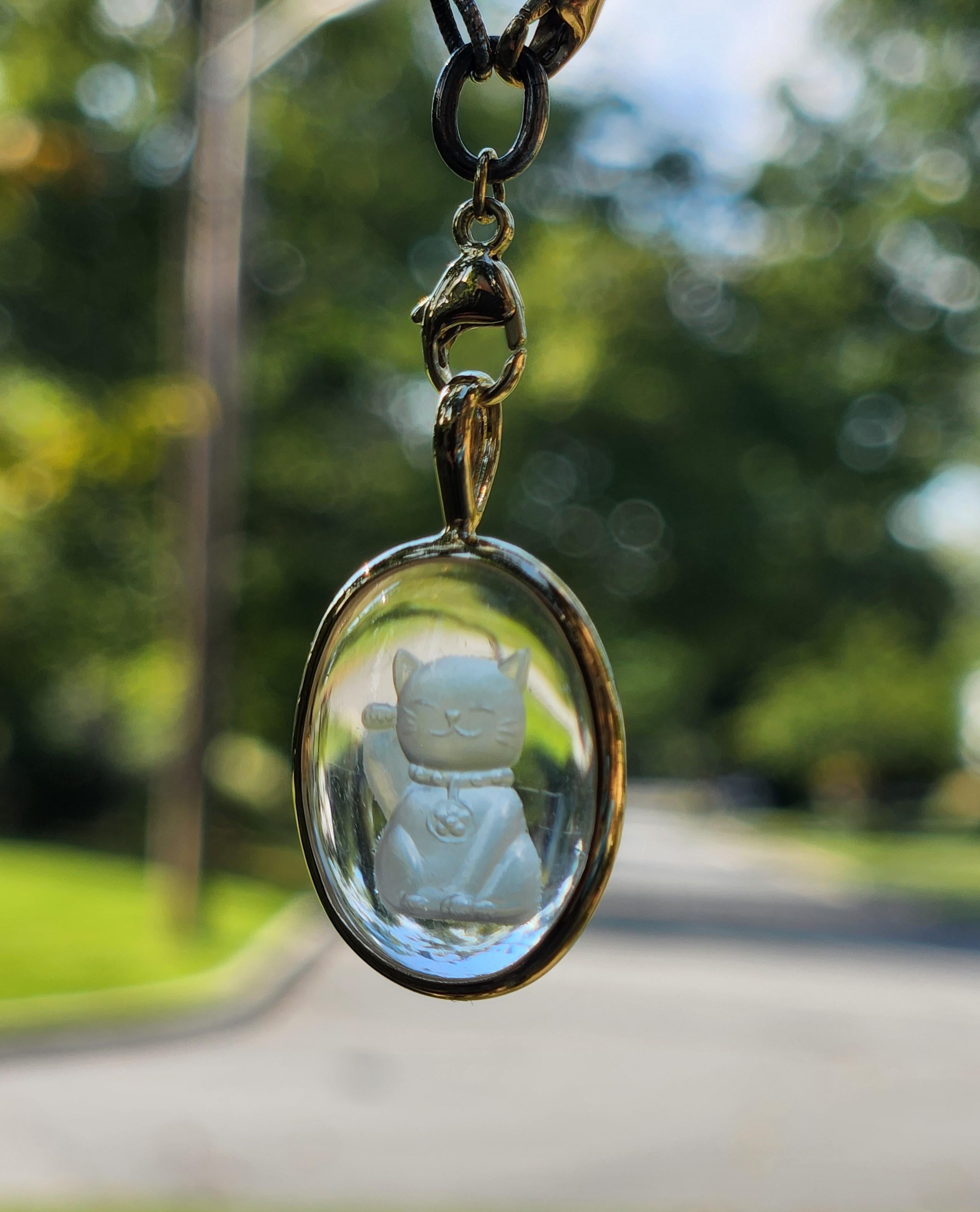 Cabochon Reverse Intaglio Hope Cat Hand Carved Oval Quartz with 18K Bezel Necklace For Sale