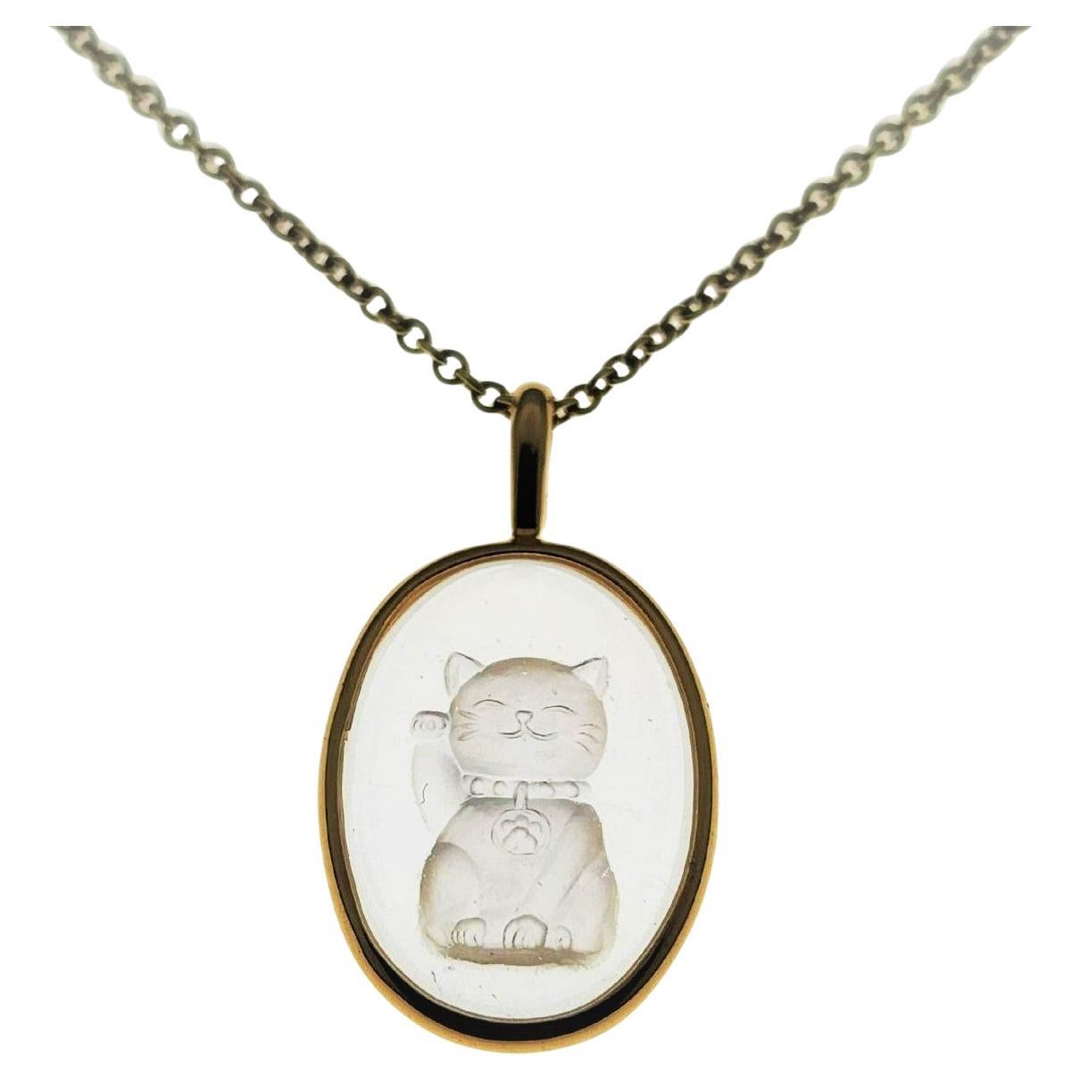 Reverse Intaglio Hope Cat Hand Carved Oval Quartz with 18K Bezel Necklace For Sale