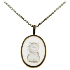 Reverse Intaglio Hope Cat Hand Carved Oval Quartz with 18K Bezel Necklace