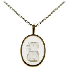 Reverse Intaglio Hope Cat Hand Carved Oval Quartz with 18K Bezel Necklace