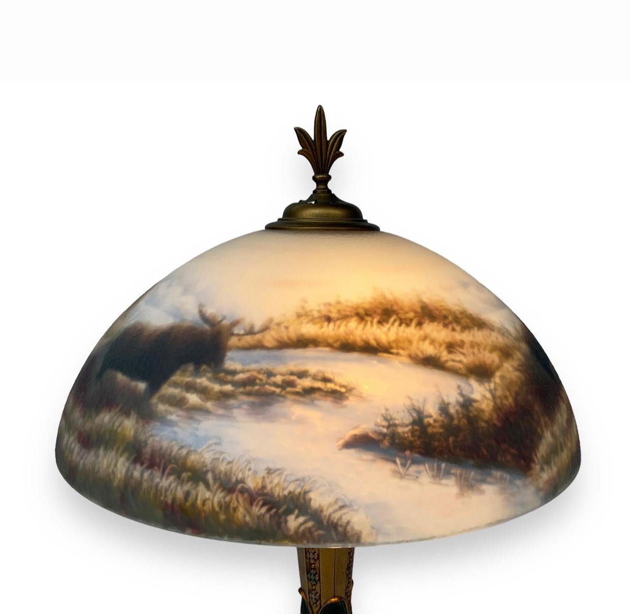 Mid-Century Modern Reverse Painted Glass Shade with Elk and a River In the Manner of Moe Bridges For Sale