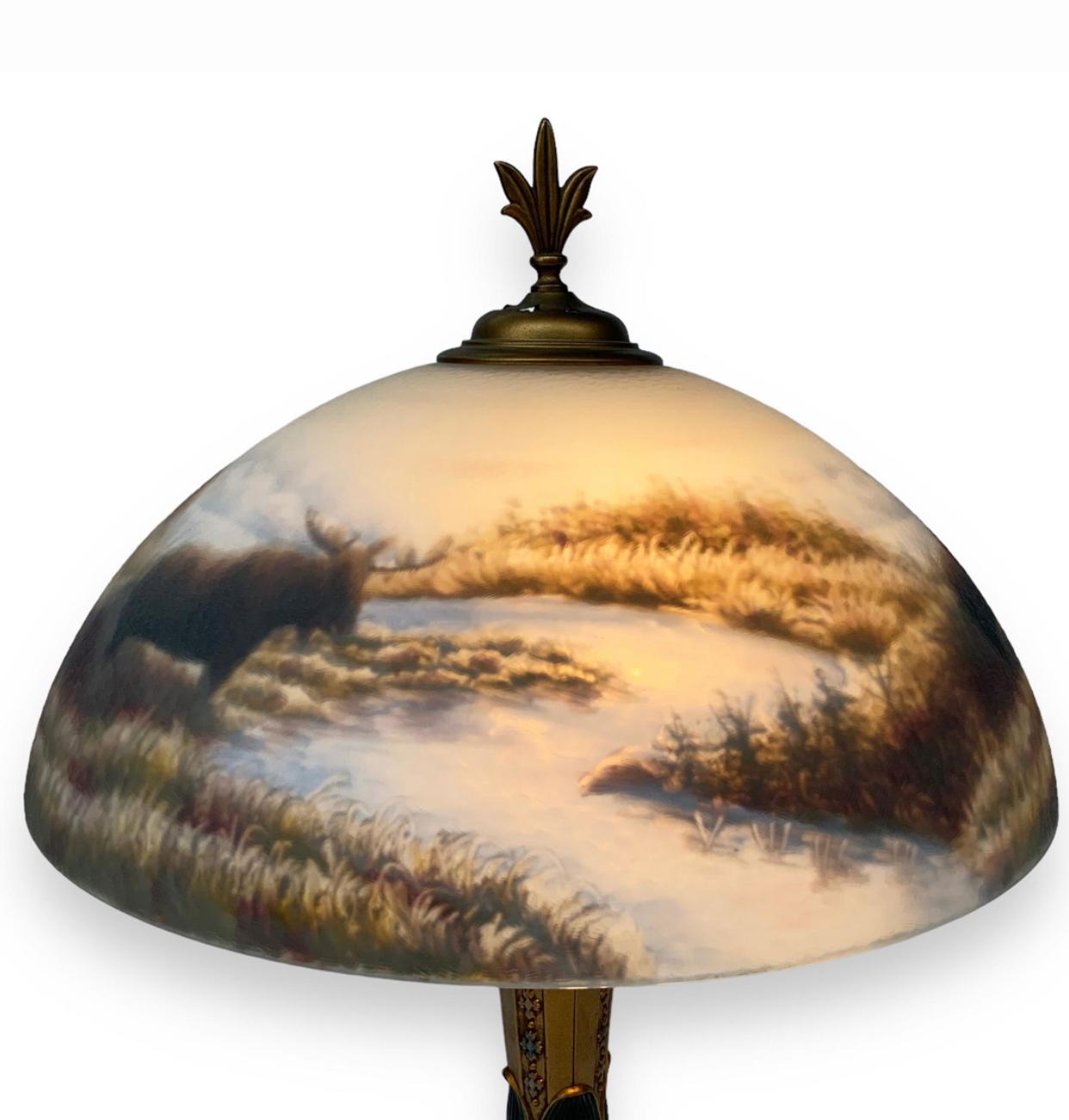 Hand-Painted Reverse Painted Glass Shade with Elk and a River In the Manner of Moe Bridges For Sale