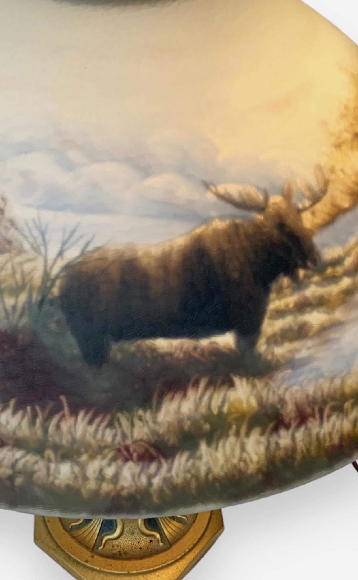 Reverse Painted Glass Shade with Elk and a River In the Manner of Moe Bridges In Good Condition For Sale In Chicago, IL