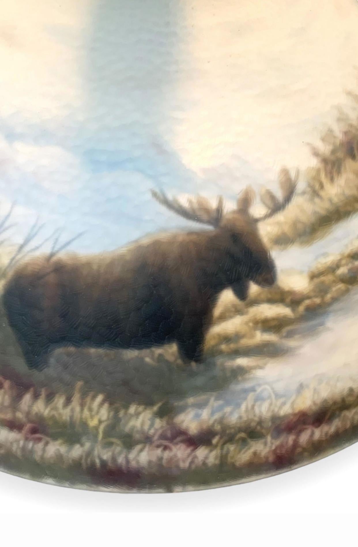 Mid-20th Century Reverse Painted Glass Shade with Elk and a River In the Manner of Moe Bridges For Sale