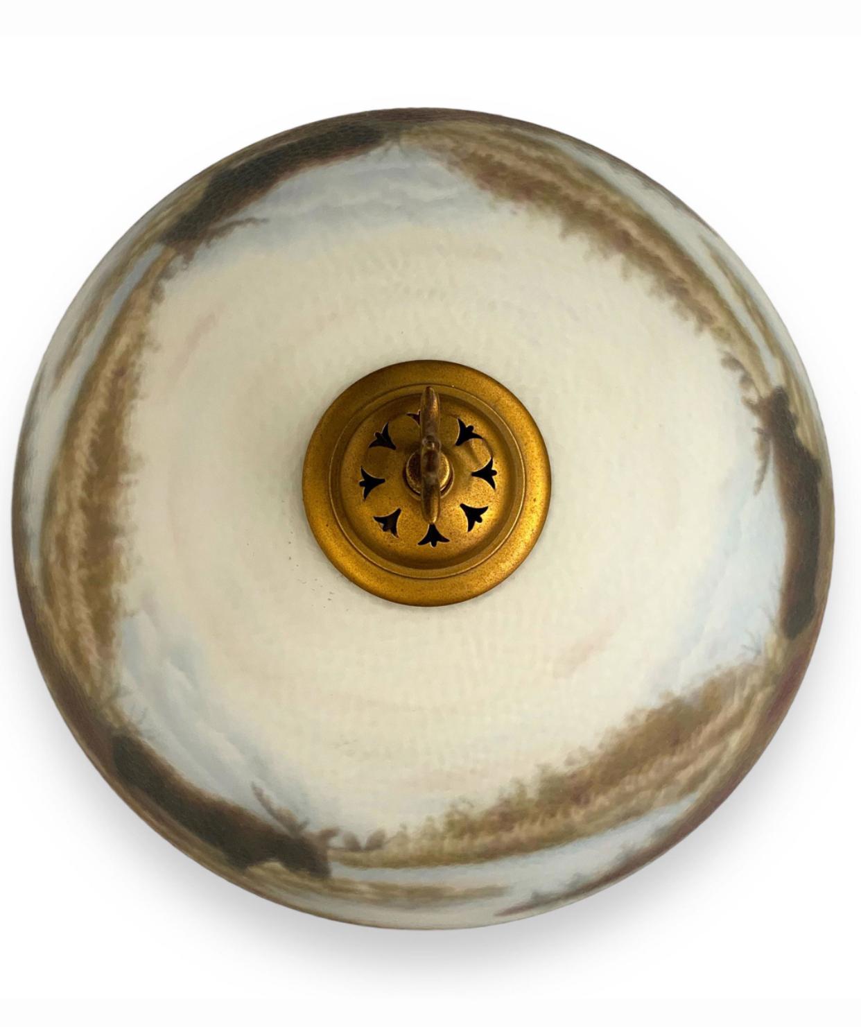 Metal Reverse Painted Glass Shade with Elk and a River In the Manner of Moe Bridges For Sale