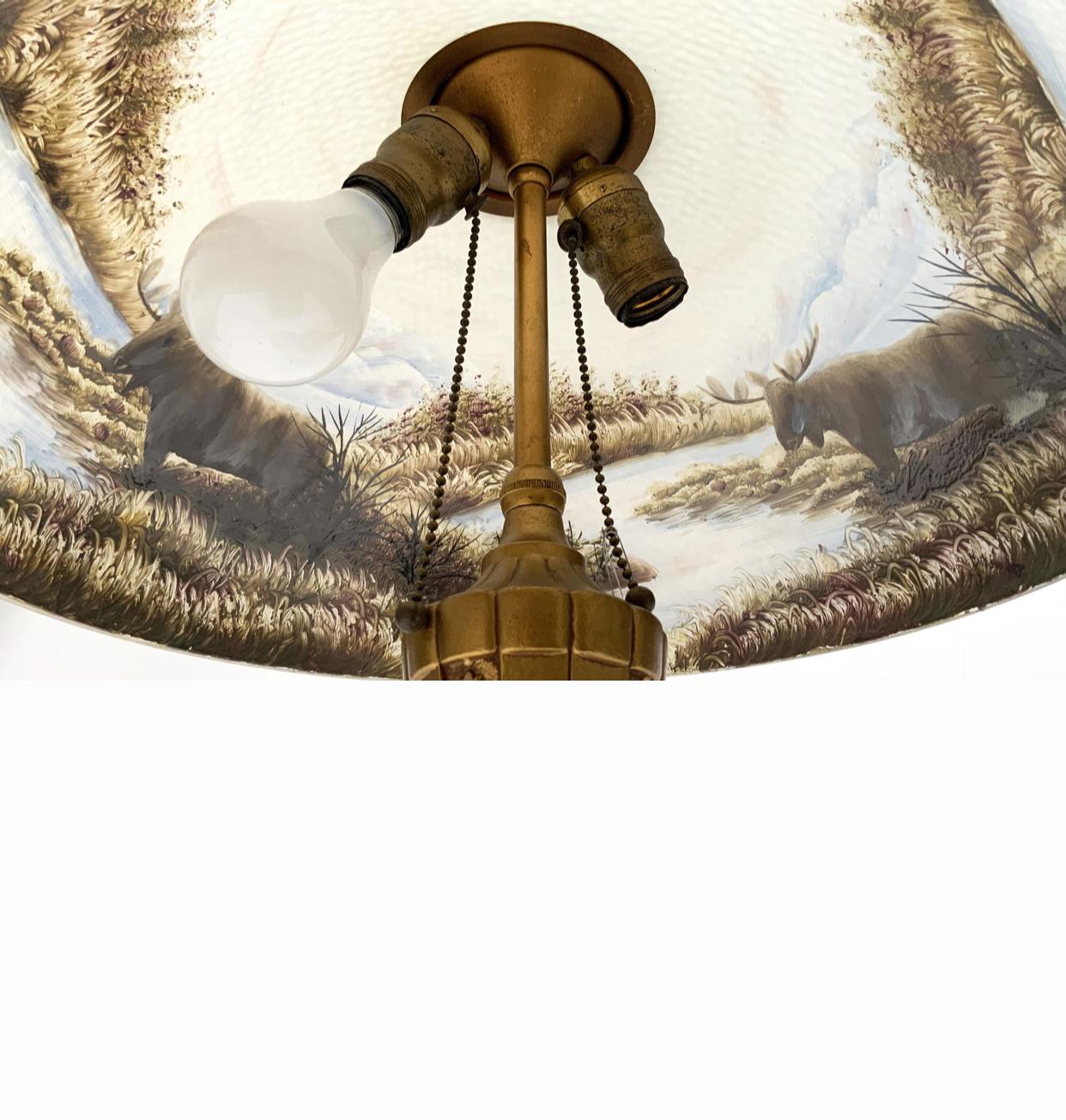 Reverse Painted Glass Shade with Elk and a River In the Manner of Moe Bridges For Sale 1