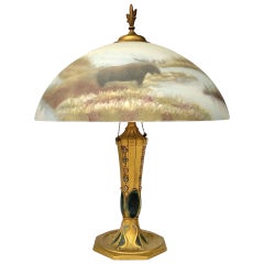 Reverse Painted Glass Shade with Elk and a River In the Manner of Moe Bridges
