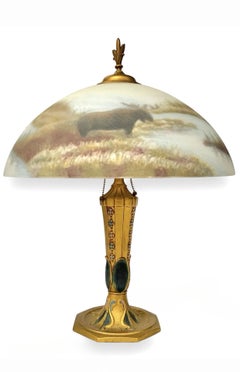 Reverse Painted Glass Shade Featuring Elk and Lake. In the Manner of Moe Bridges