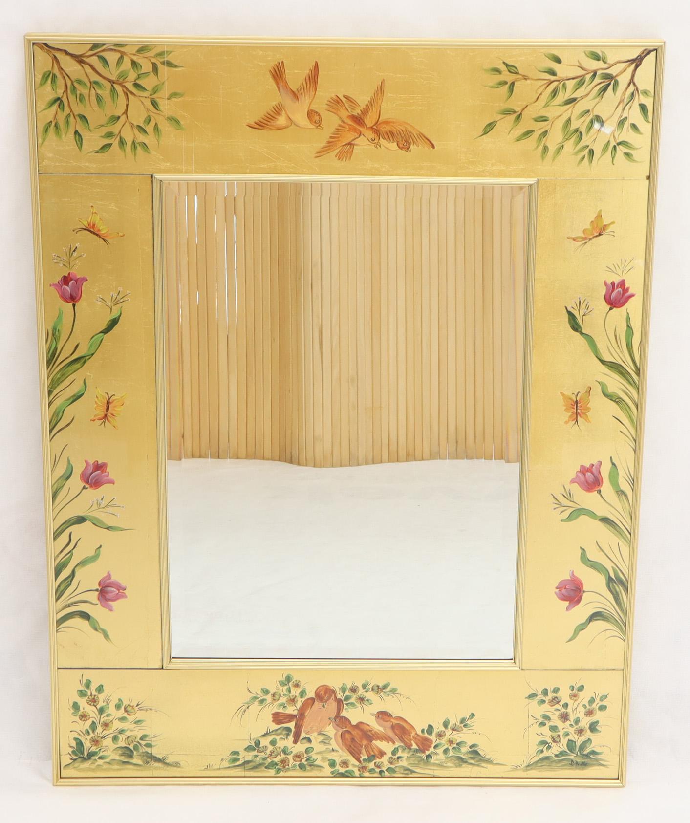 Decorative reverse painted Artist-signed rectangular mirror attributed to La Barge. Beautifully incased in metal molding type frame.