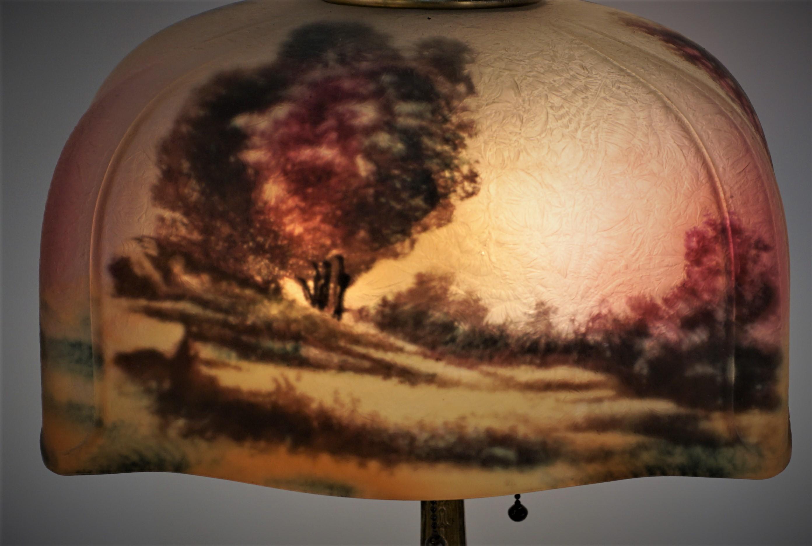 Elegant 1920's American reverse painted landscape glass with original gilded base by Pittsburgh Lamp Co. 