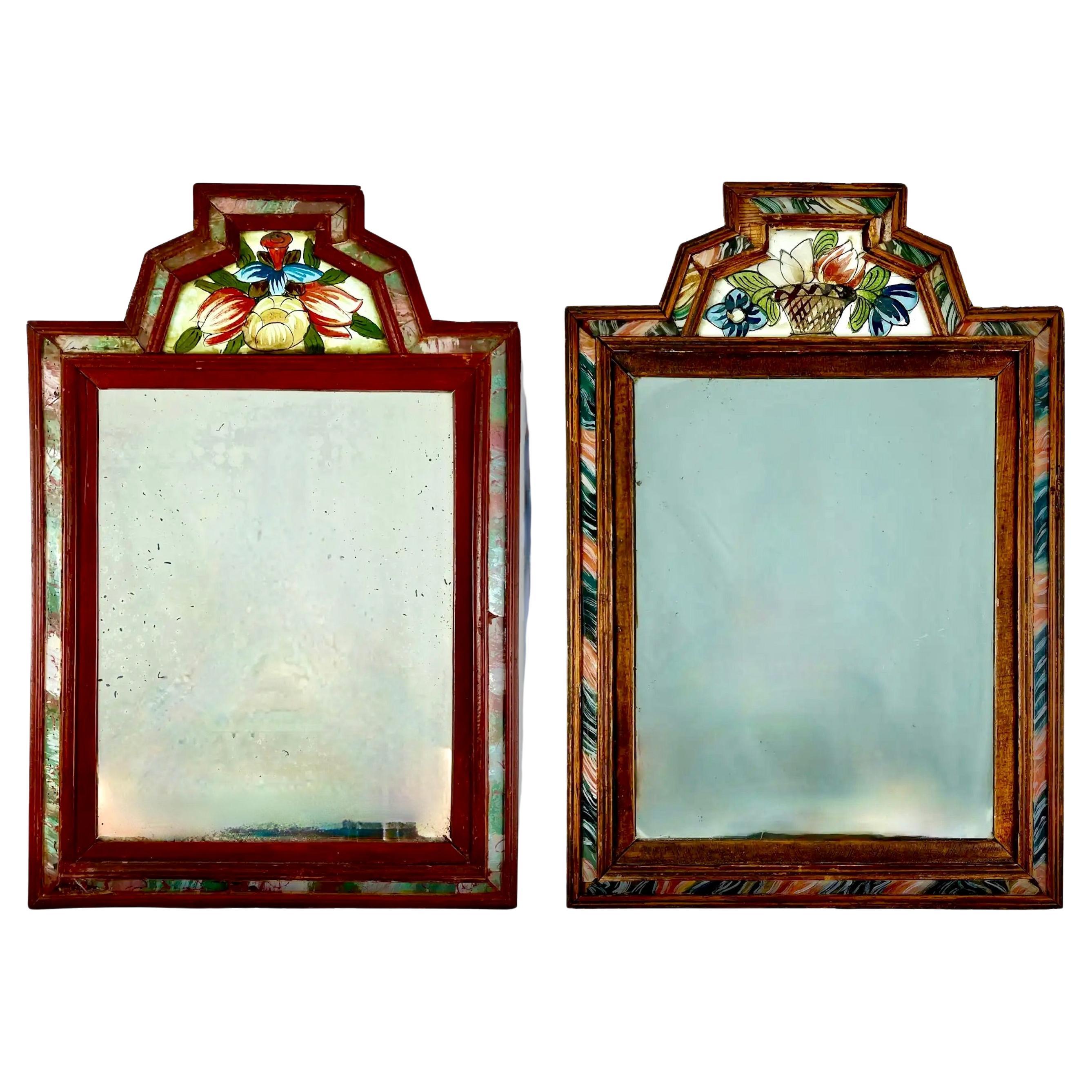 Reverse Painted Marbleized Glass & Wood Floral Crest Courting Mirrors, a pair 13