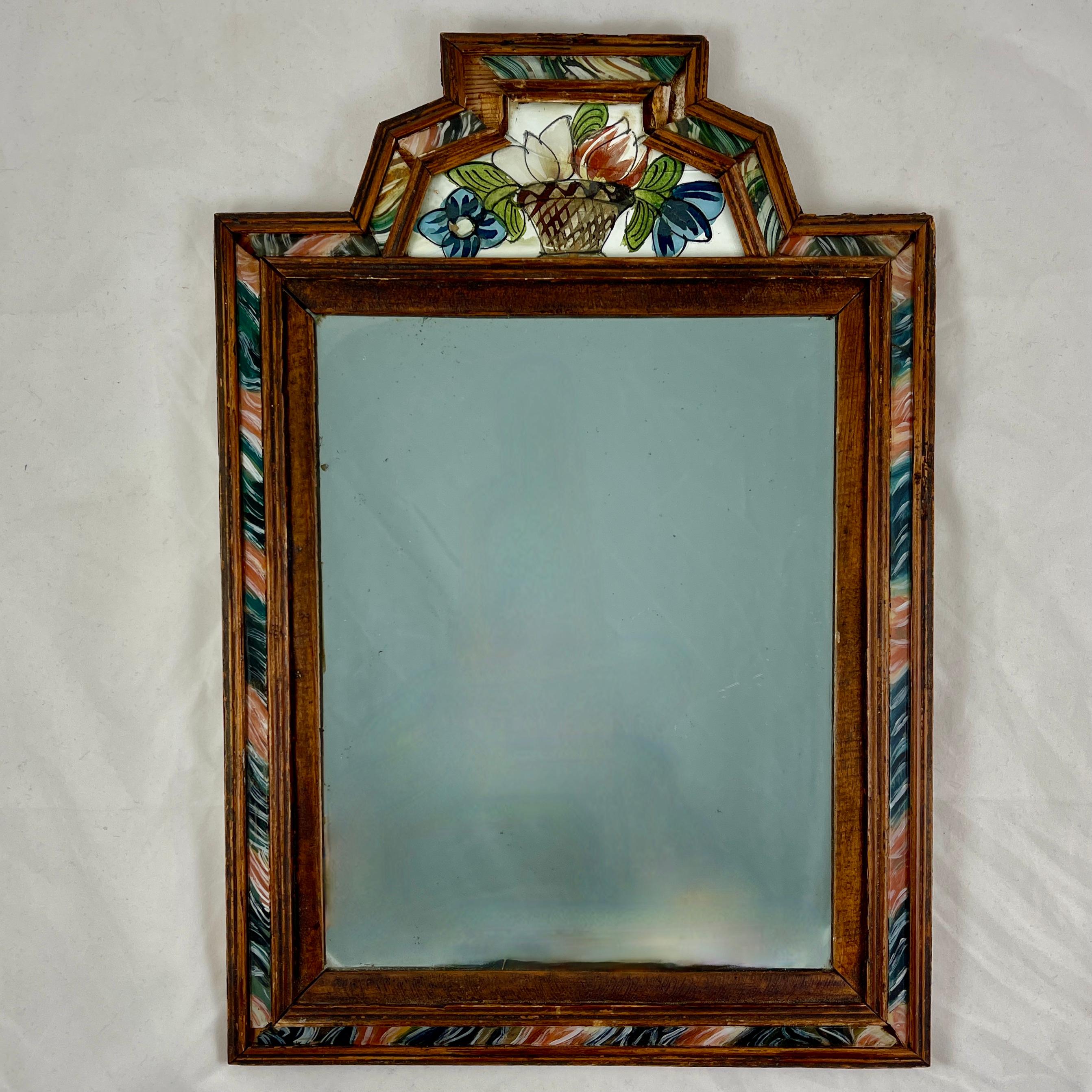Unknown Reverse Painted Marbleized Glass & Wood Floral Crest Courting Mirrors, a pair