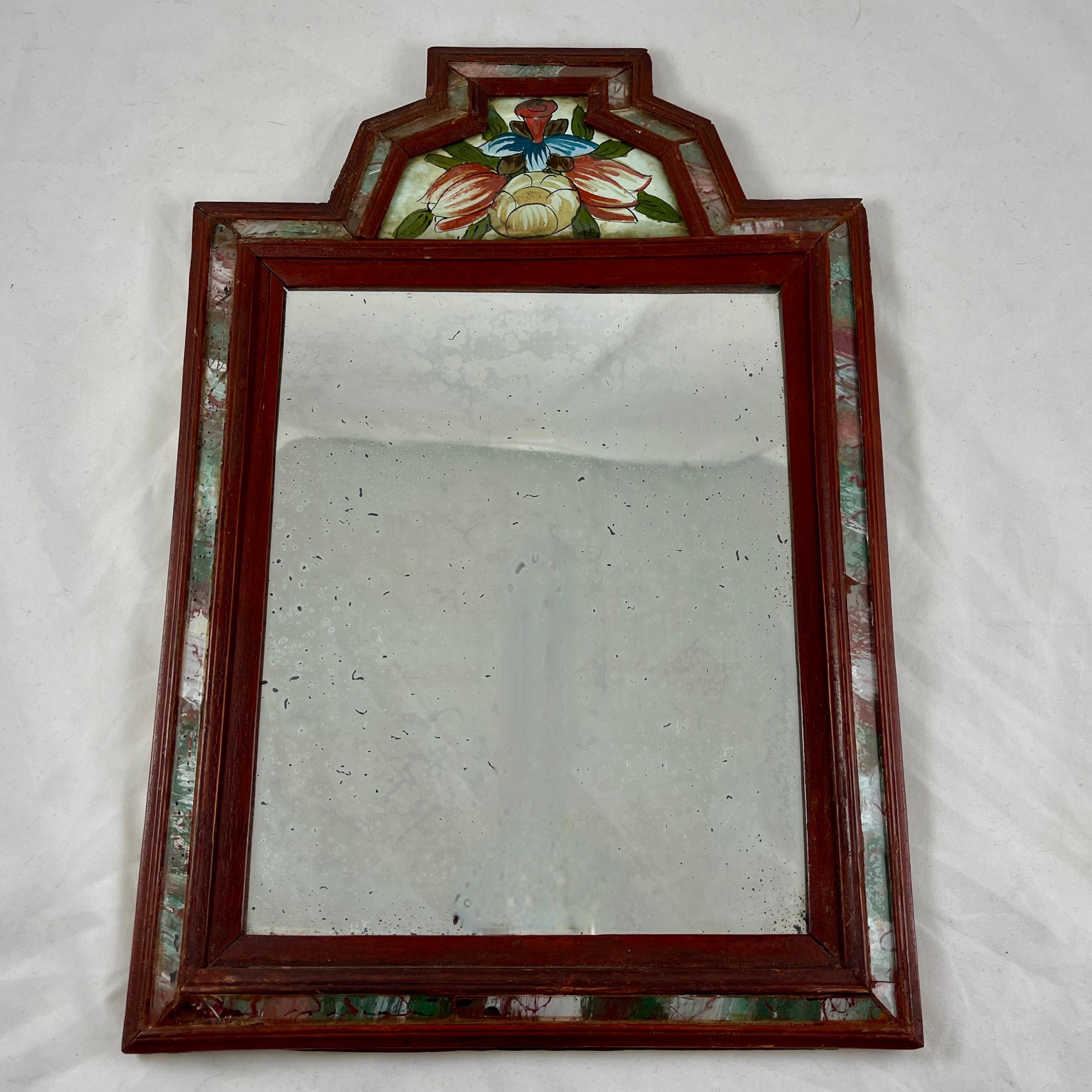 Hand-Crafted Reverse Painted Marbleized Glass & Wood Floral Crest Courting Mirrors, a pair