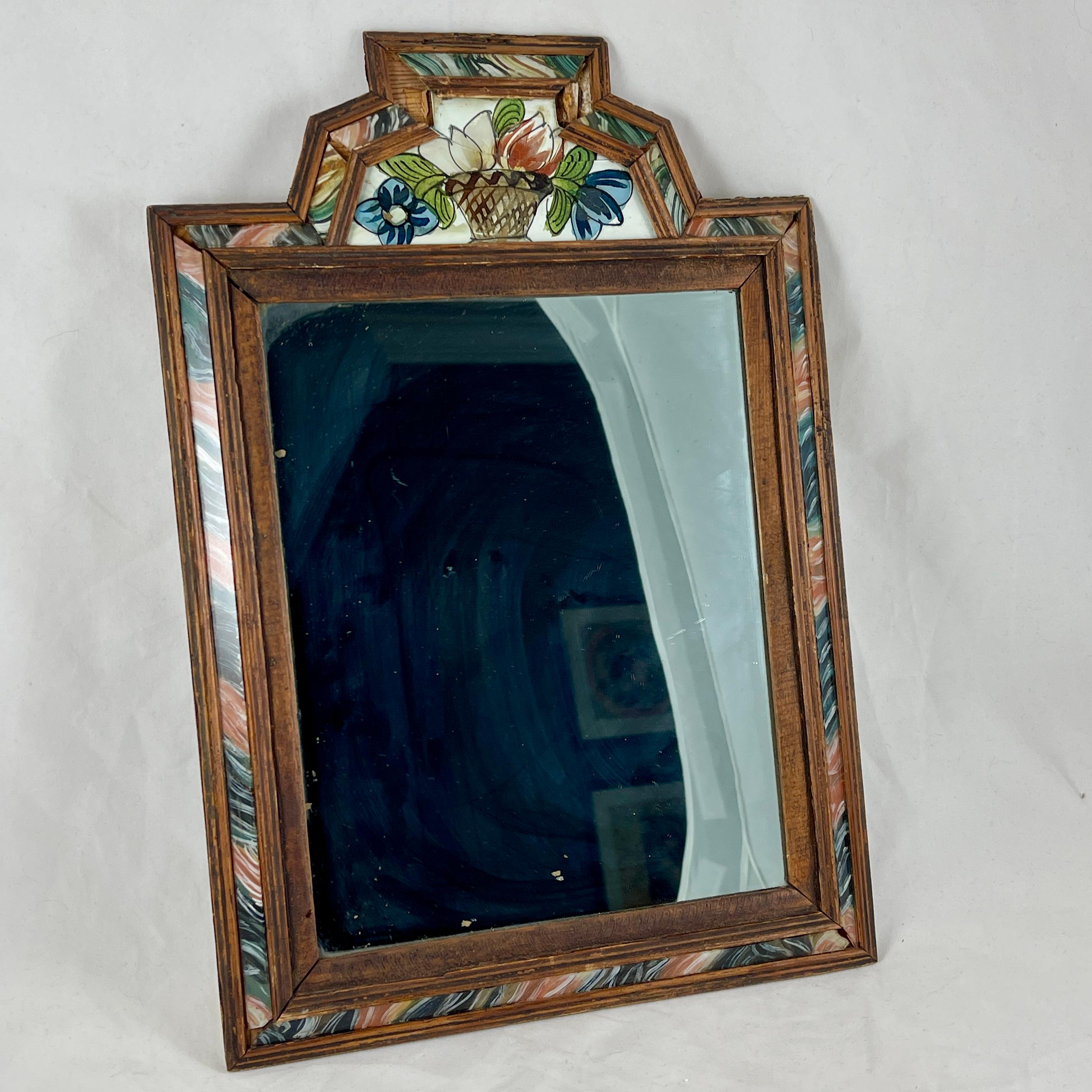 Reverse Painted Marbleized Glass & Wood Floral Crest Courting Mirrors, a pair In Good Condition In Philadelphia, PA